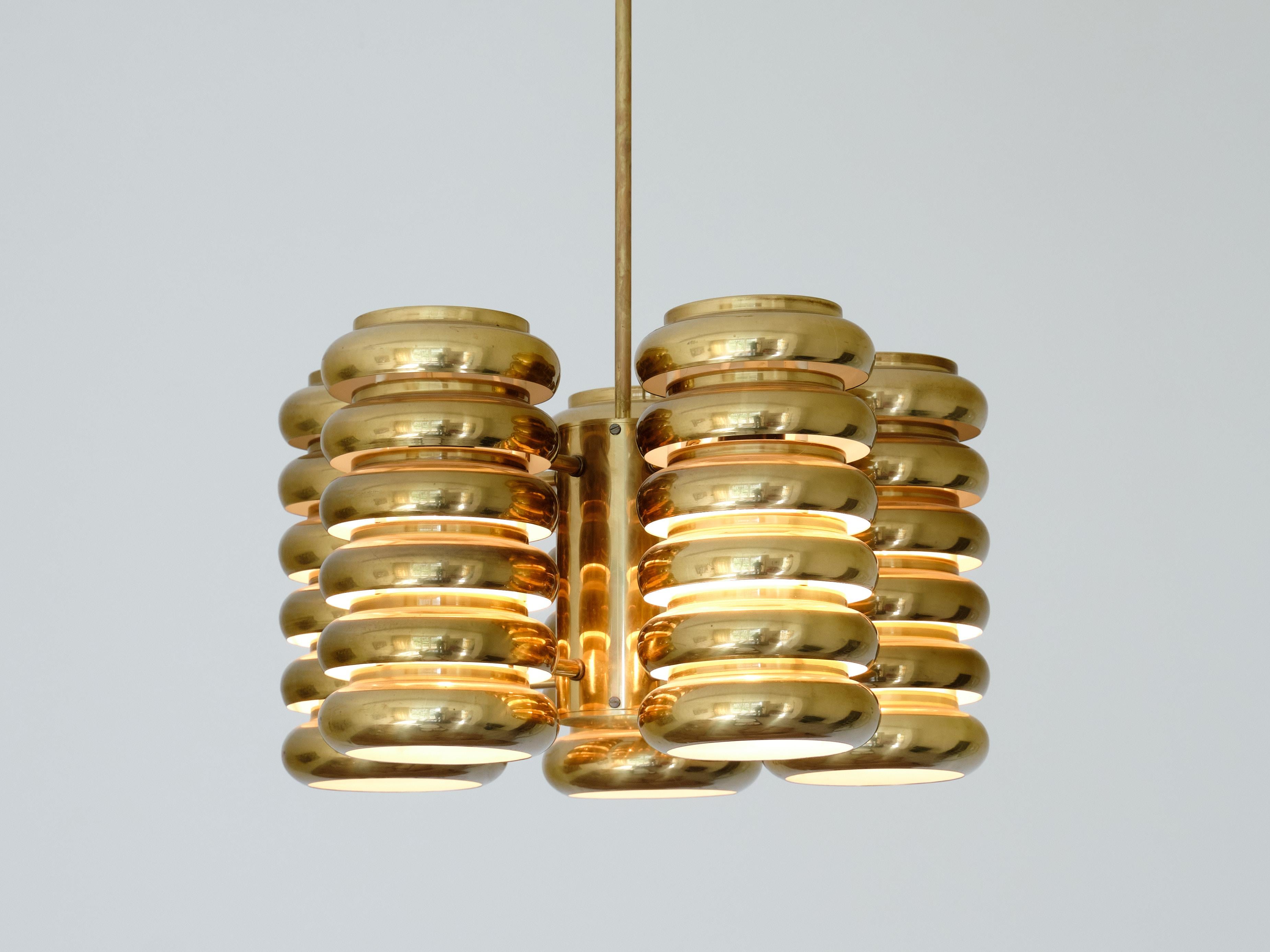 Kai Ruokonen Five Arm Pendant Light in Brass, Lynx, Finland, Early 1970s For Sale 1