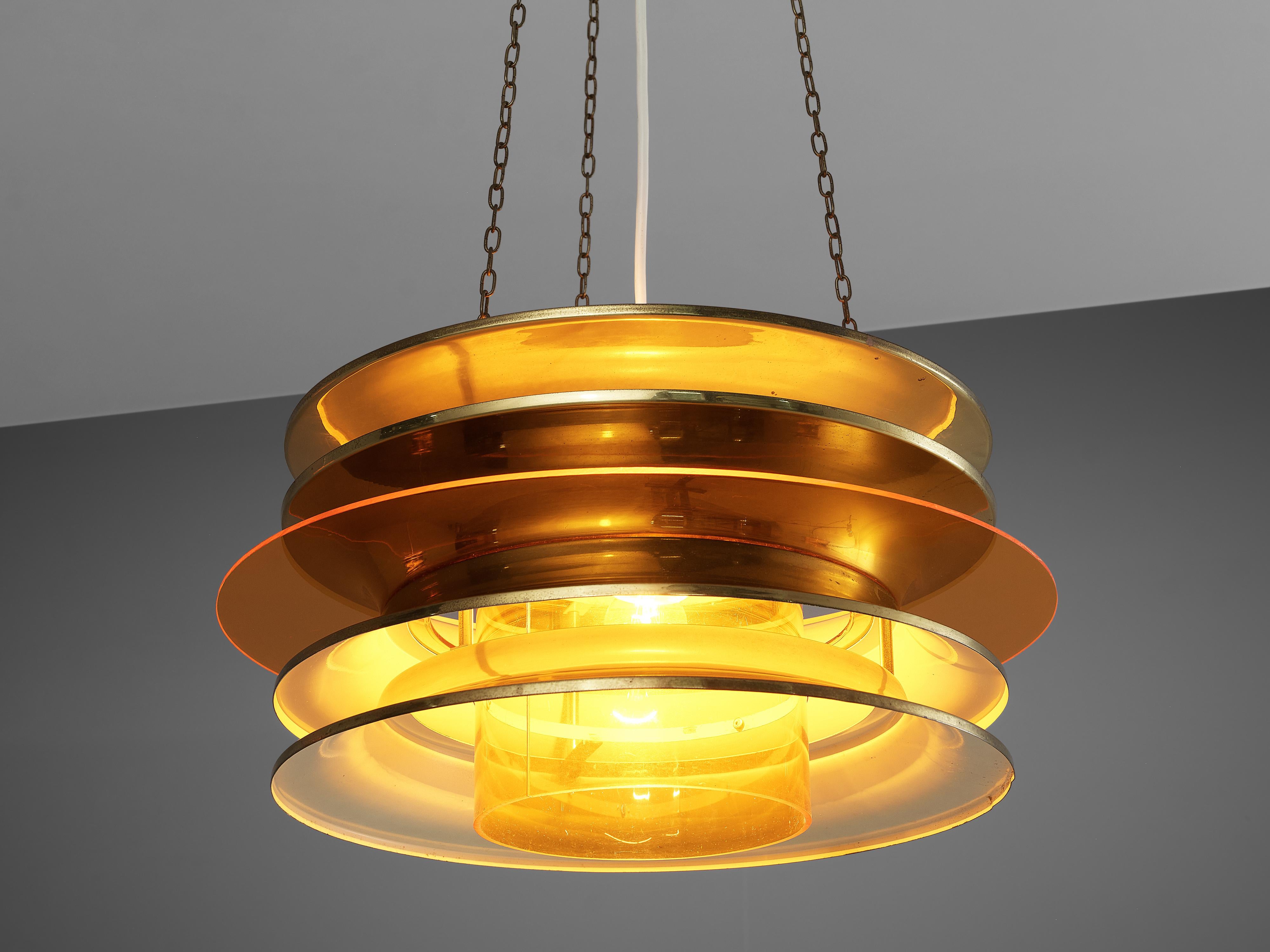 Kai Ruokonen for LYNX, chandelier, brass, orange acrylic, Finland, 1952

Kai Ruokonen is a Finnish designer that mostly works under the artist ‘Kai Finnmark’. This chandelier was designed for the Palace Hotel in Helsinki in 1952 and manufactured by