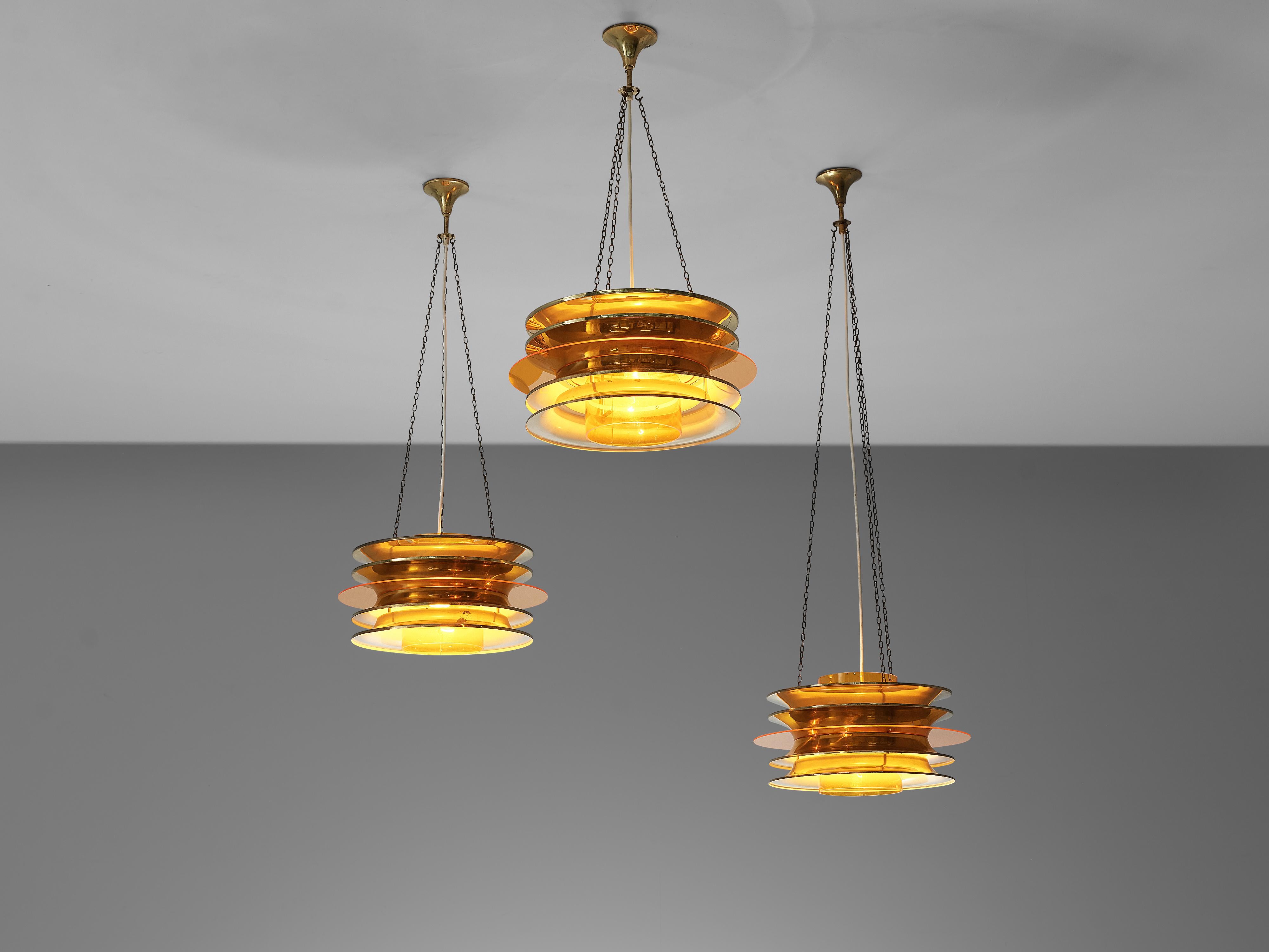 Kai Ruokonen for LYNX, chandelier, brass, orange acrylic, Finland, 1952

Kai Ruokonen is a Finnish designer that mostly works under the artist ‘Kai Finnmark’. This chandelier was designed for the Palace Hotel in Helsinki in 1952 and manufactured