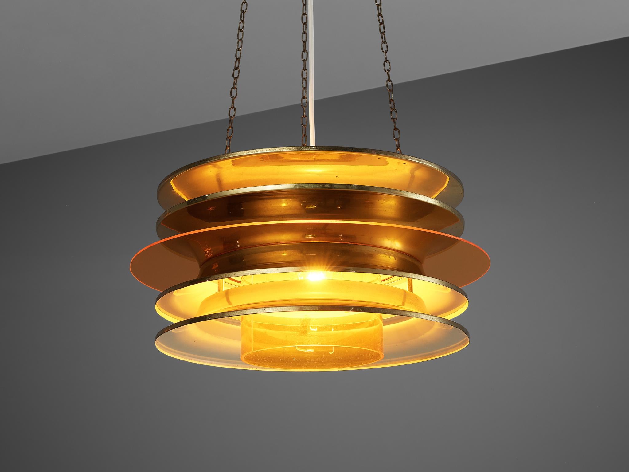 Kai Ruokonen for LYNX, chandelier, brass, orange acrylic, Finland, 1952

Kai Ruokonen is a Finnish designer that mostly works under the artist ‘Kai Finnmark’. This chandelier was designed for the Palace Hotel in Helsinki in 1952 and manufactured by