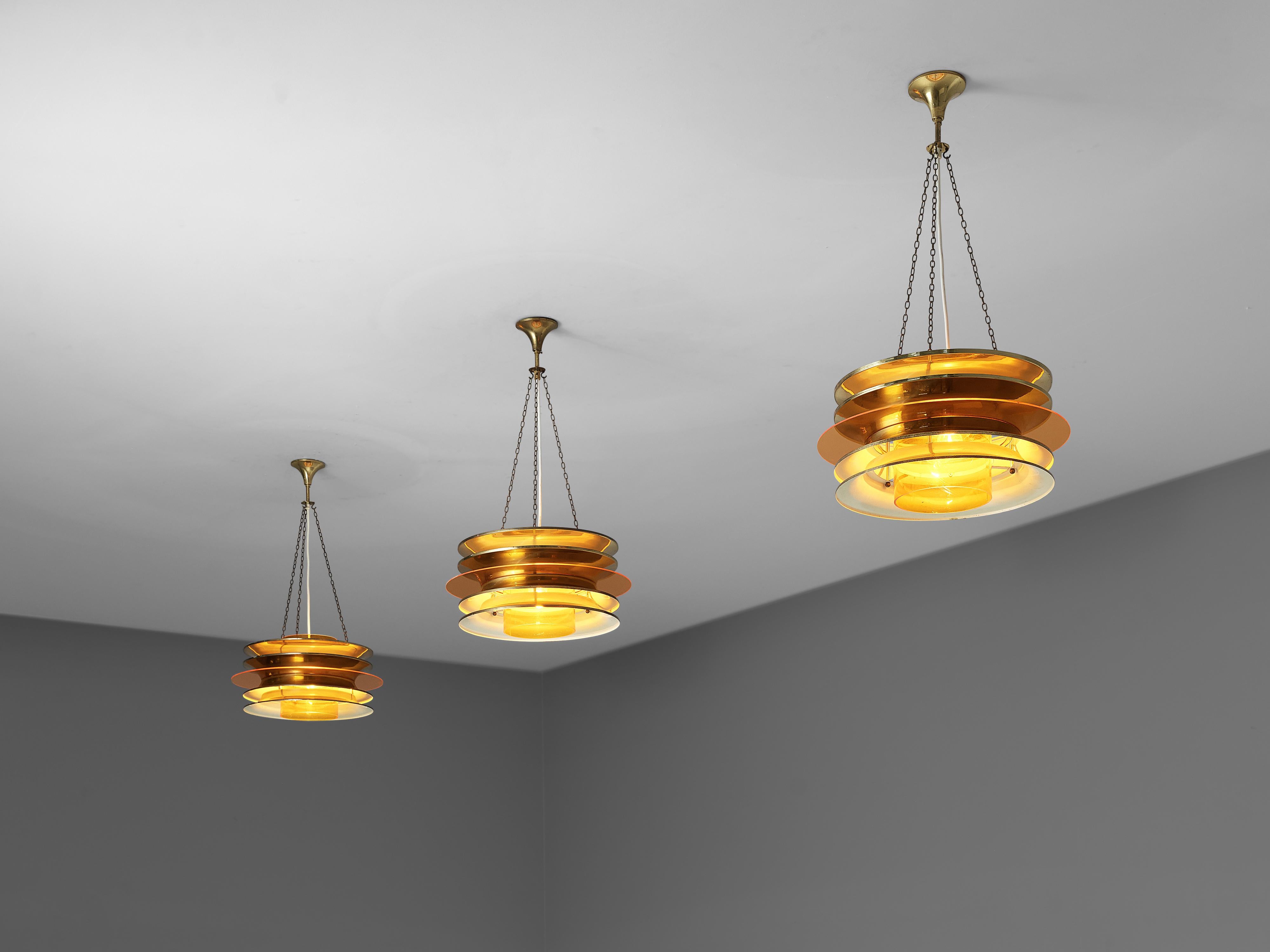 Mid-Century Modern Kai Ruokonen for LYNX Chandelier in Brass and Orange Acrylic