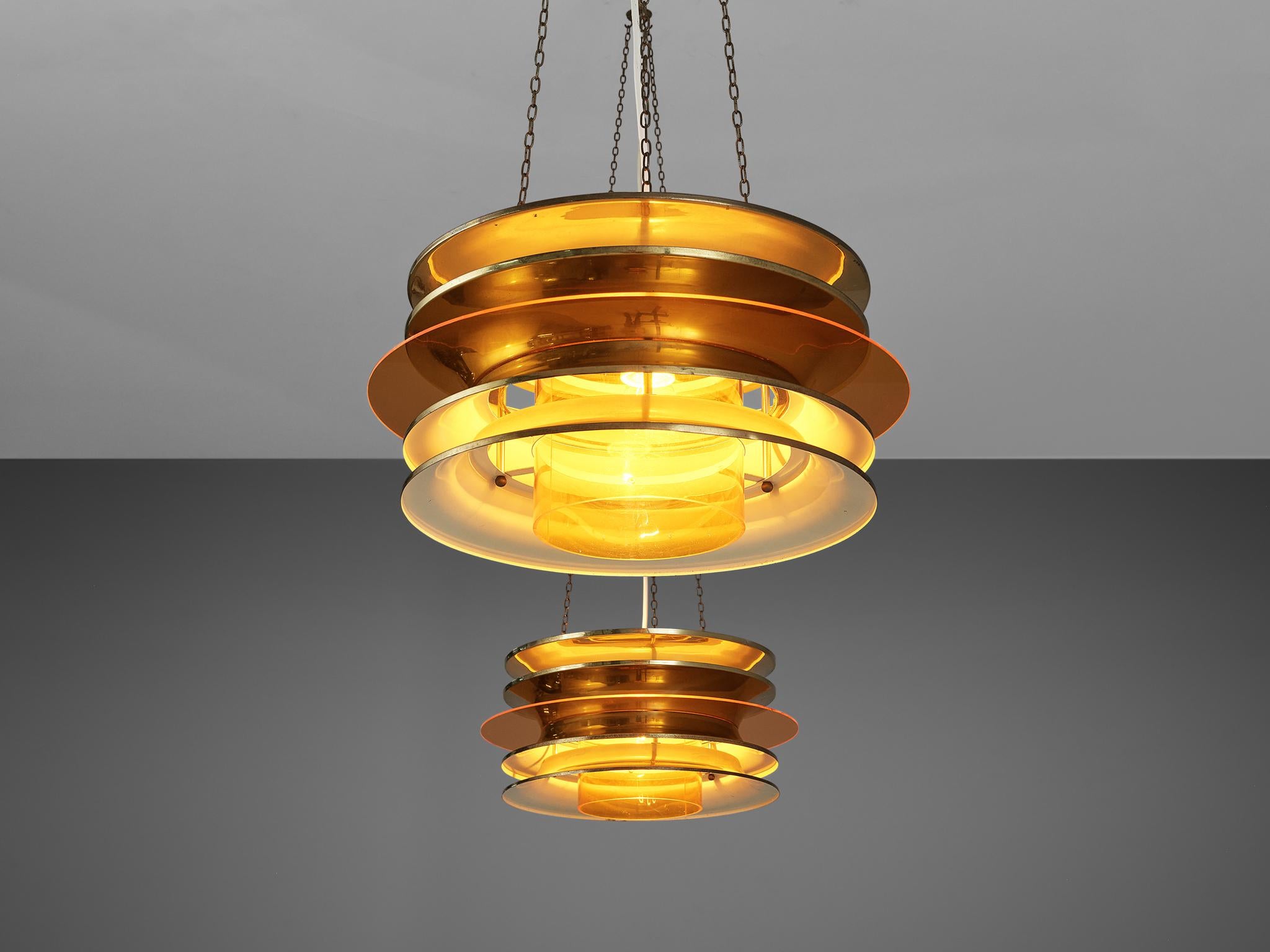 Mid-Century Modern Kai Ruokonen for LYNX Chandelier in Brass and Orange Acrylic