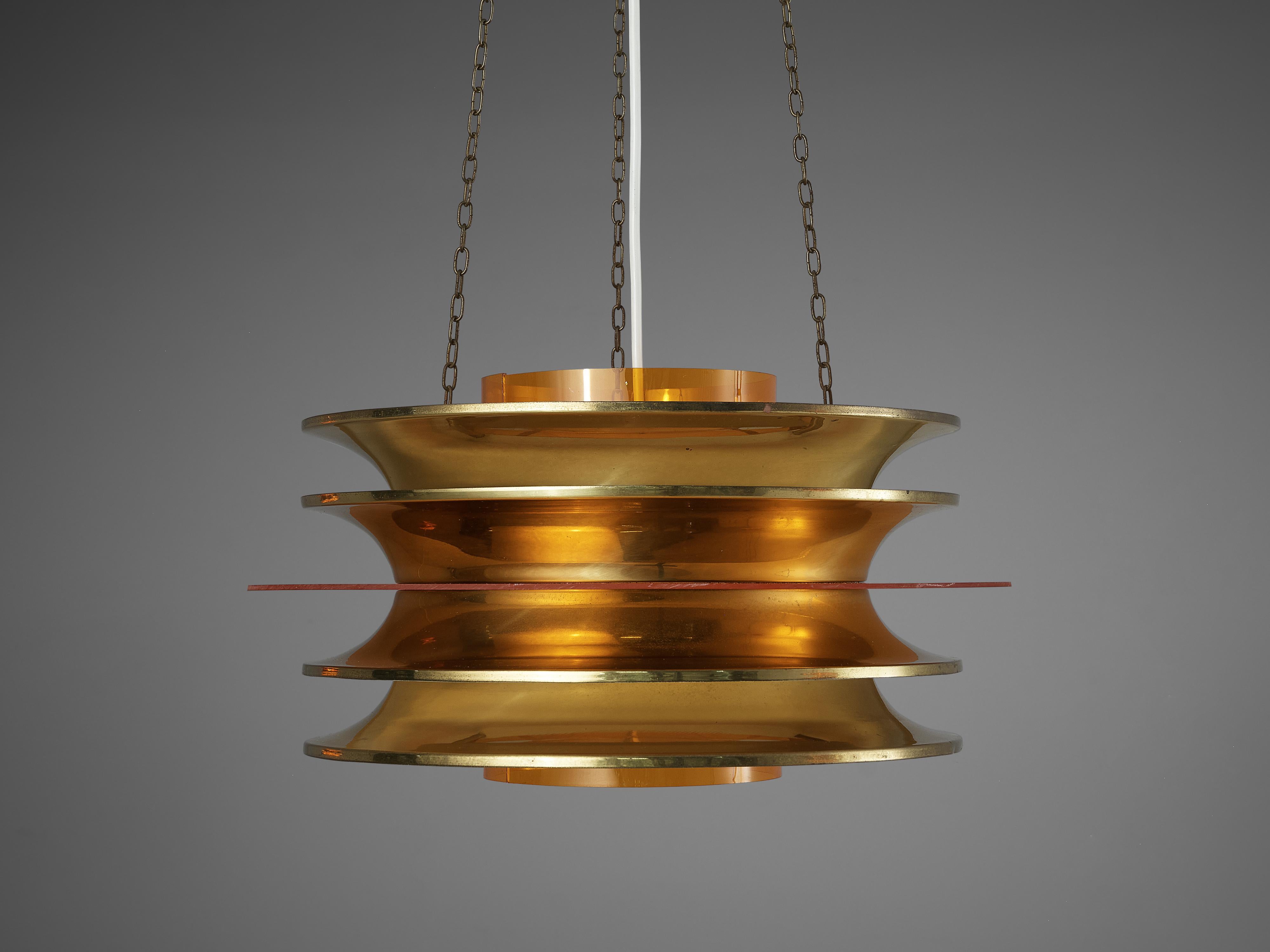 Mid-Century Modern Kai Ruokonen for LYNX Chandelier in Brass and Orange Acrylic For Sale