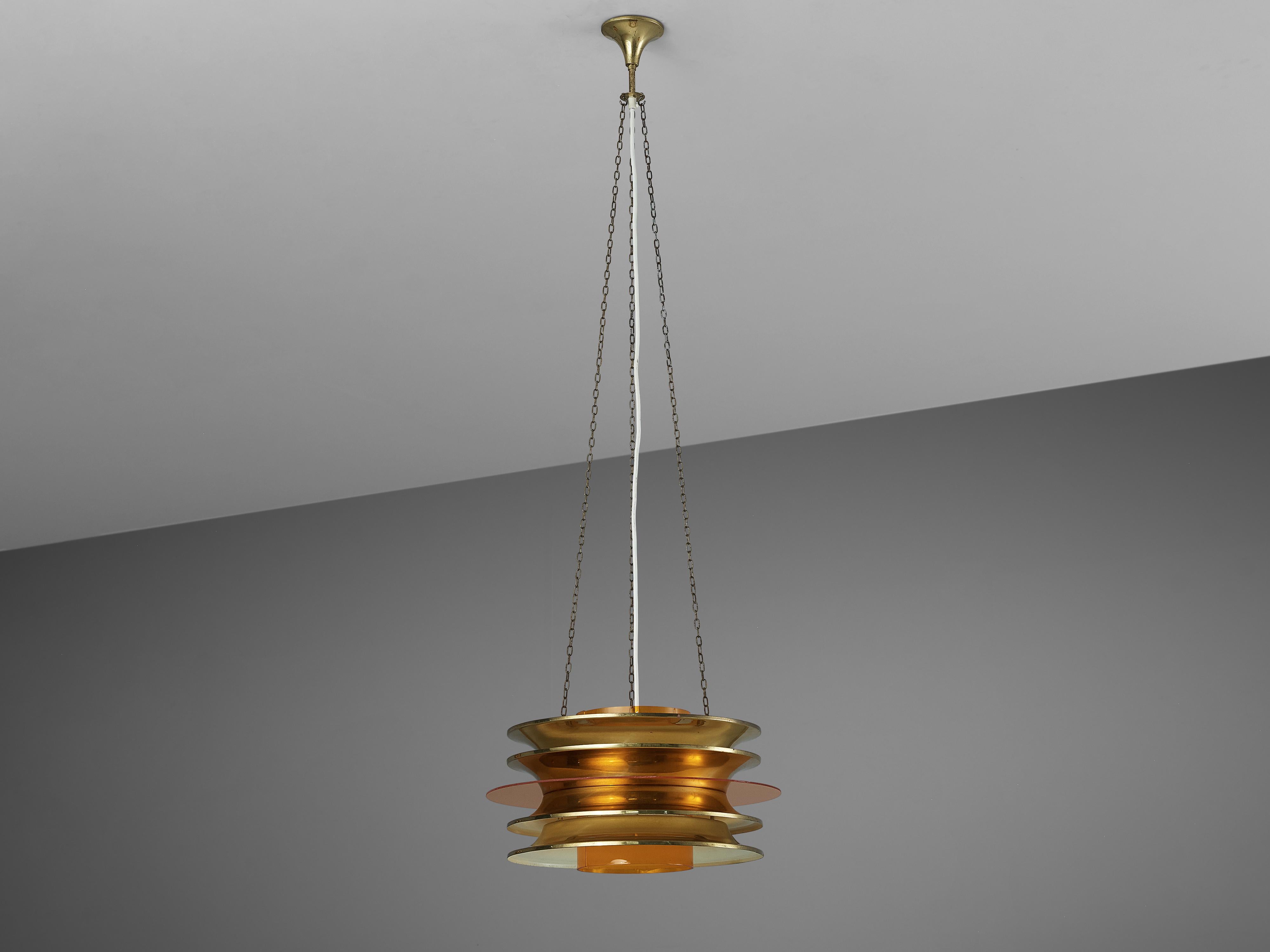 Mid-20th Century Kai Ruokonen for LYNX Chandelier in Brass and Orange Acrylic For Sale