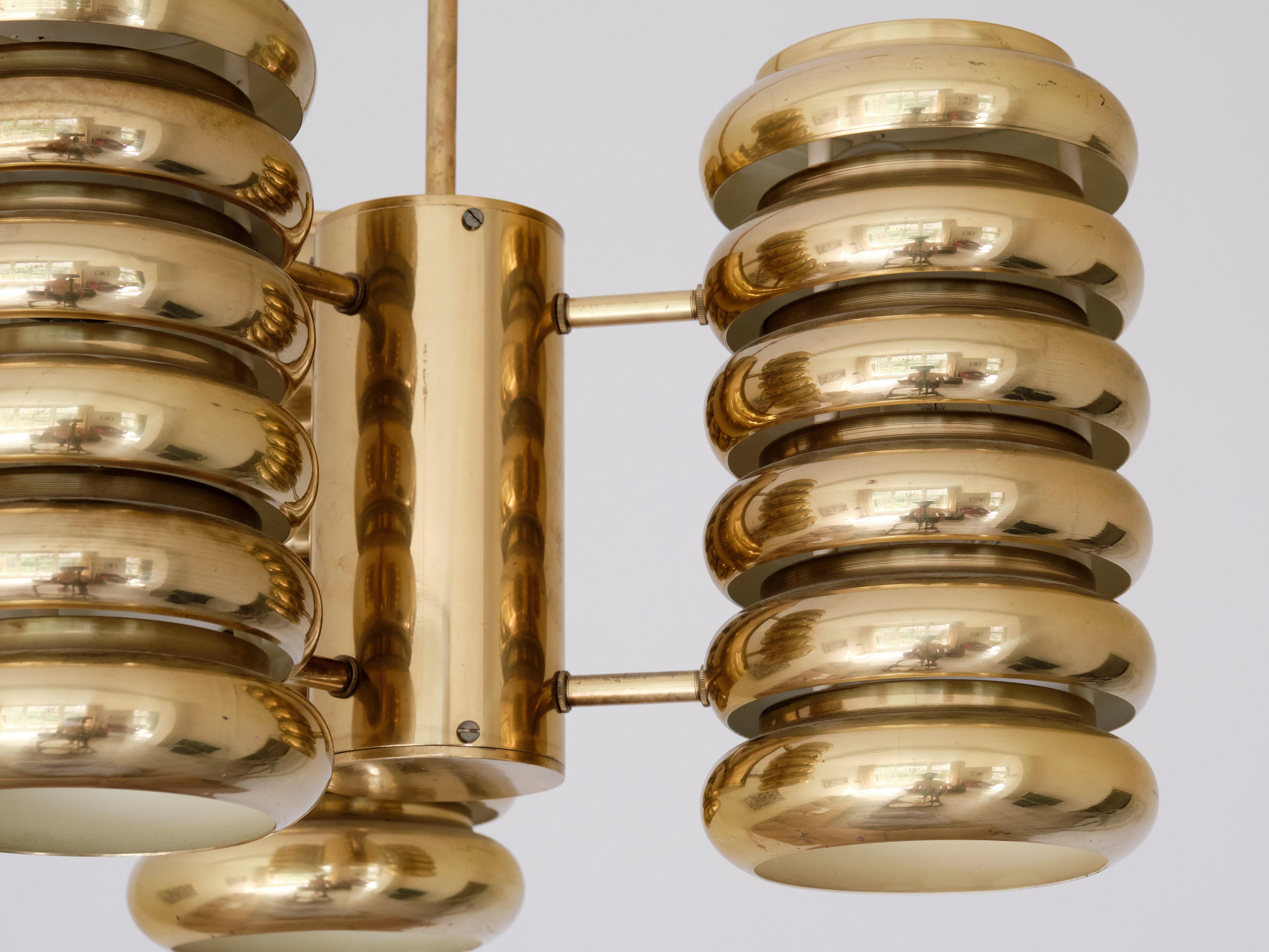 Kai Ruokonen Three Arm Pendant Light in Brass, Lynx, Finland, Early 1970s For Sale 9