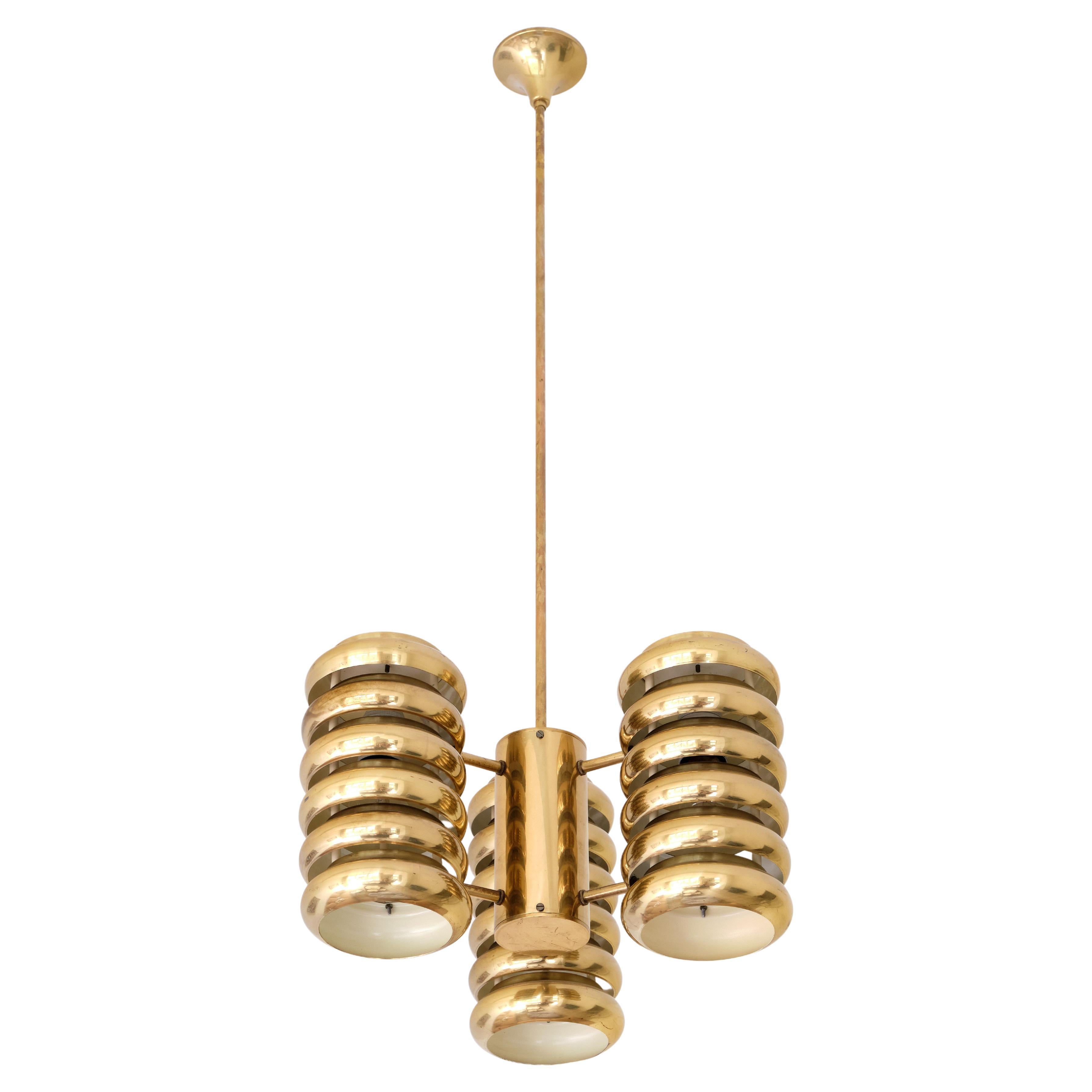 Kai Ruokonen Three Arm Pendant Light in Brass, Lynx, Finland, Early 1970s For Sale