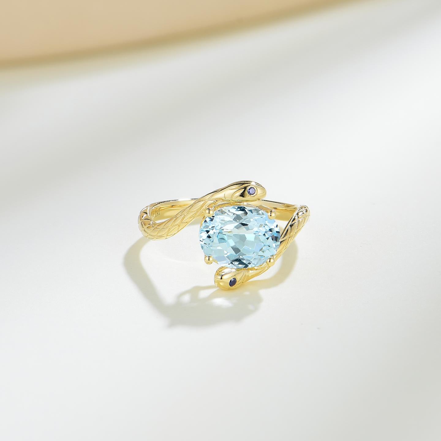 Modern Kai Snake Aquamarine Sapphire East-West Ring in 14K Solid Gold For Sale