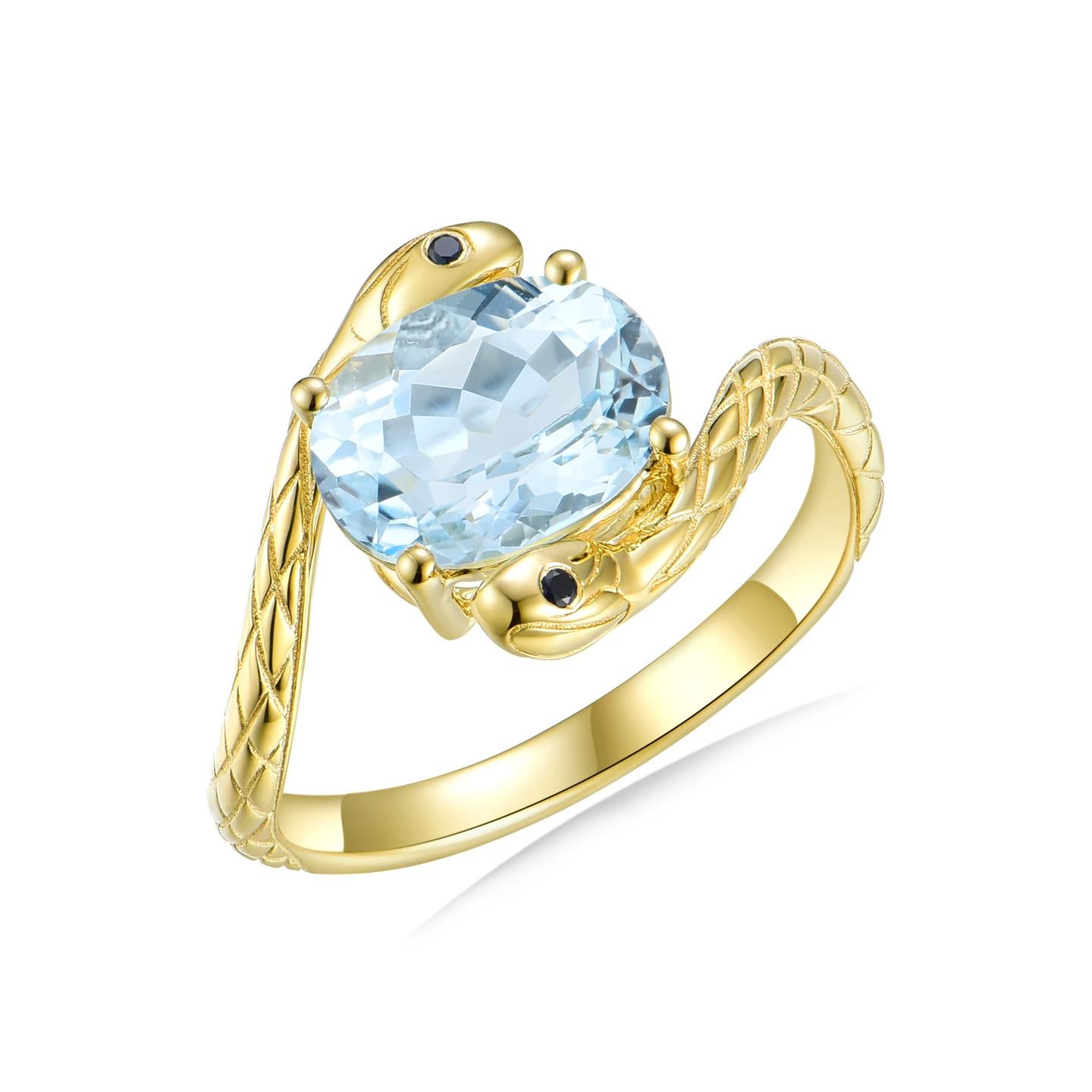 Women's Kai Snake Aquamarine Sapphire East-West Ring in 14K Solid Gold For Sale