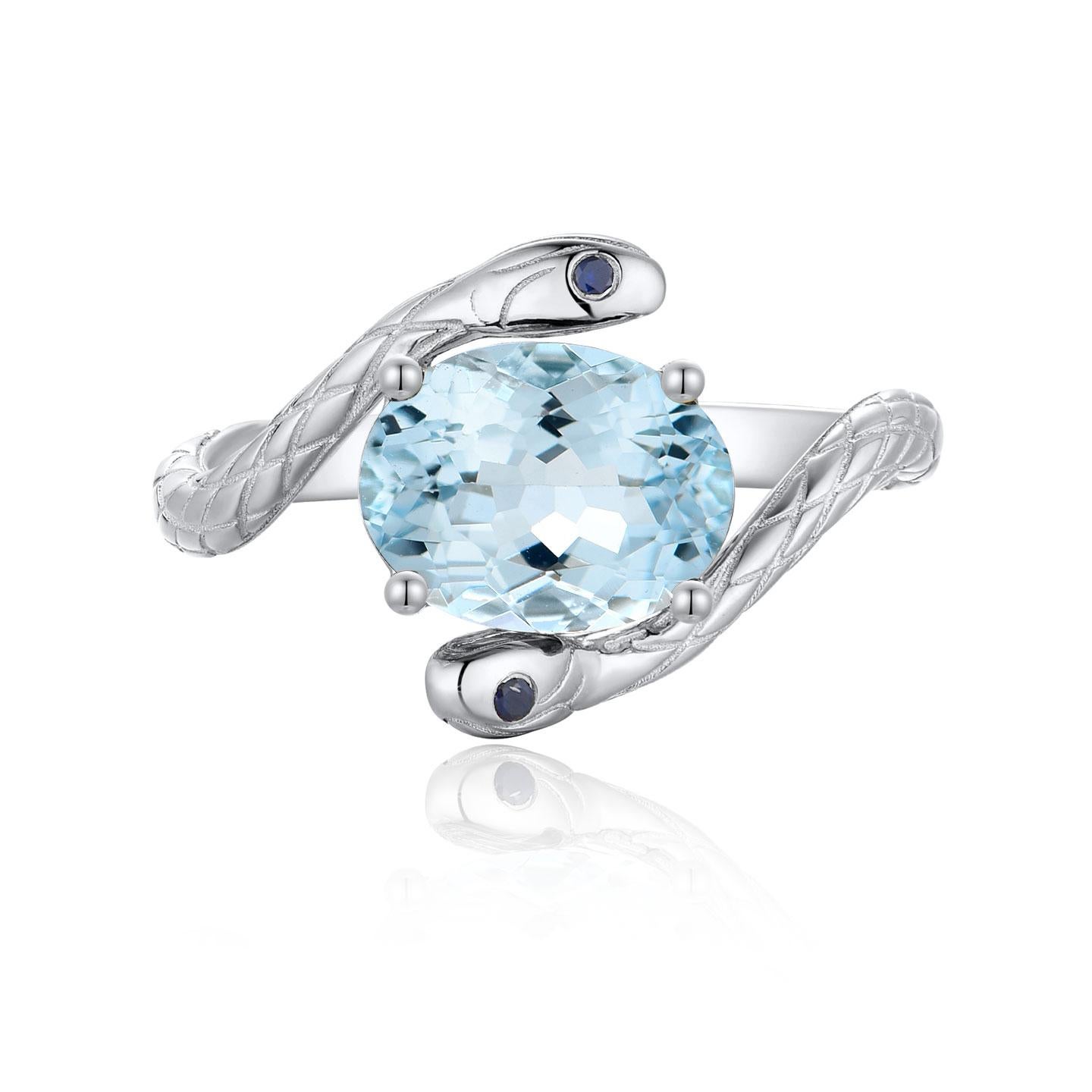 Kai Snake Aquamarine Sapphire East-West Ring in 14K Solid Gold For Sale 2