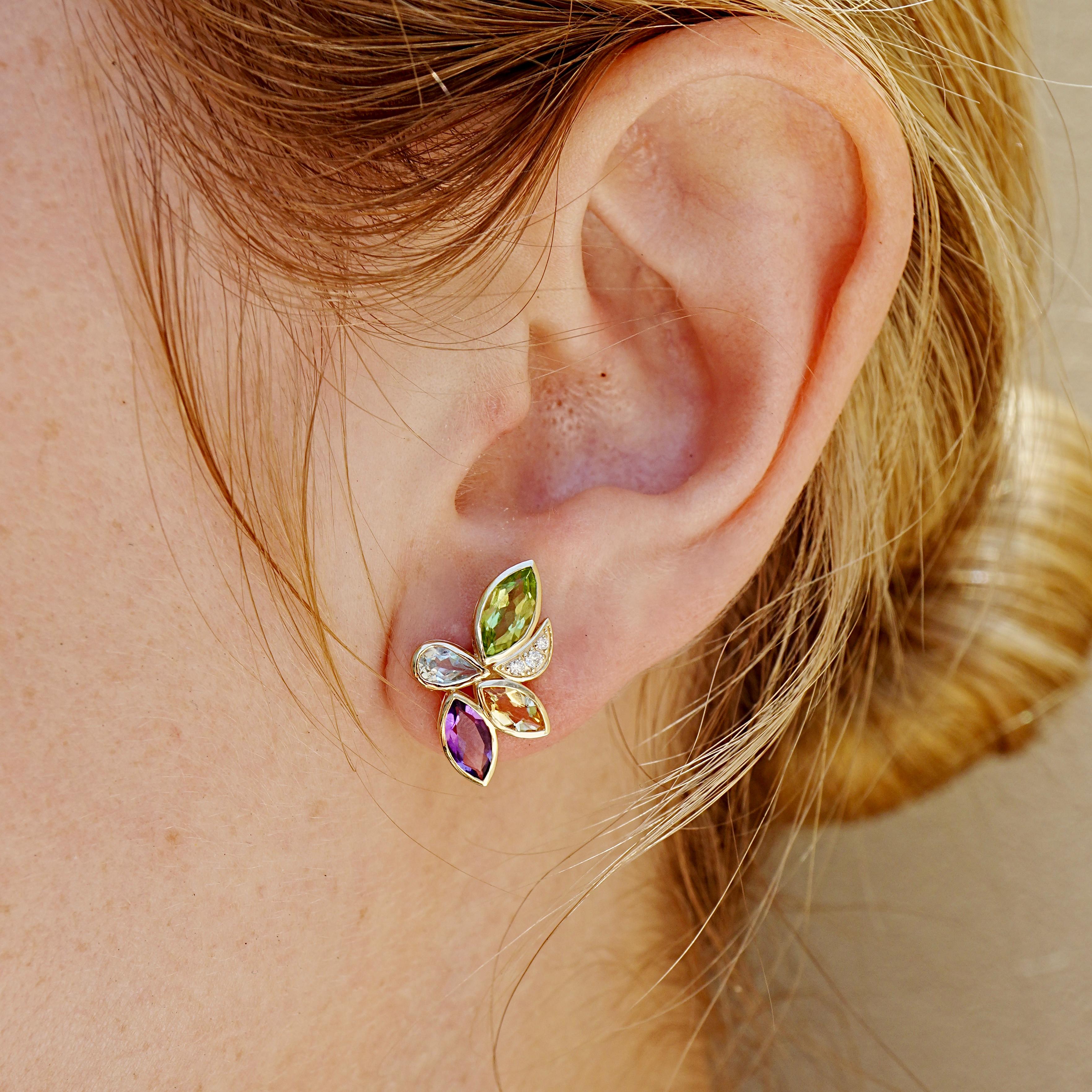 Moderno Kai Tropical Flower 2.88ctw Multi Gemstone & Daimond Earrings in vendita