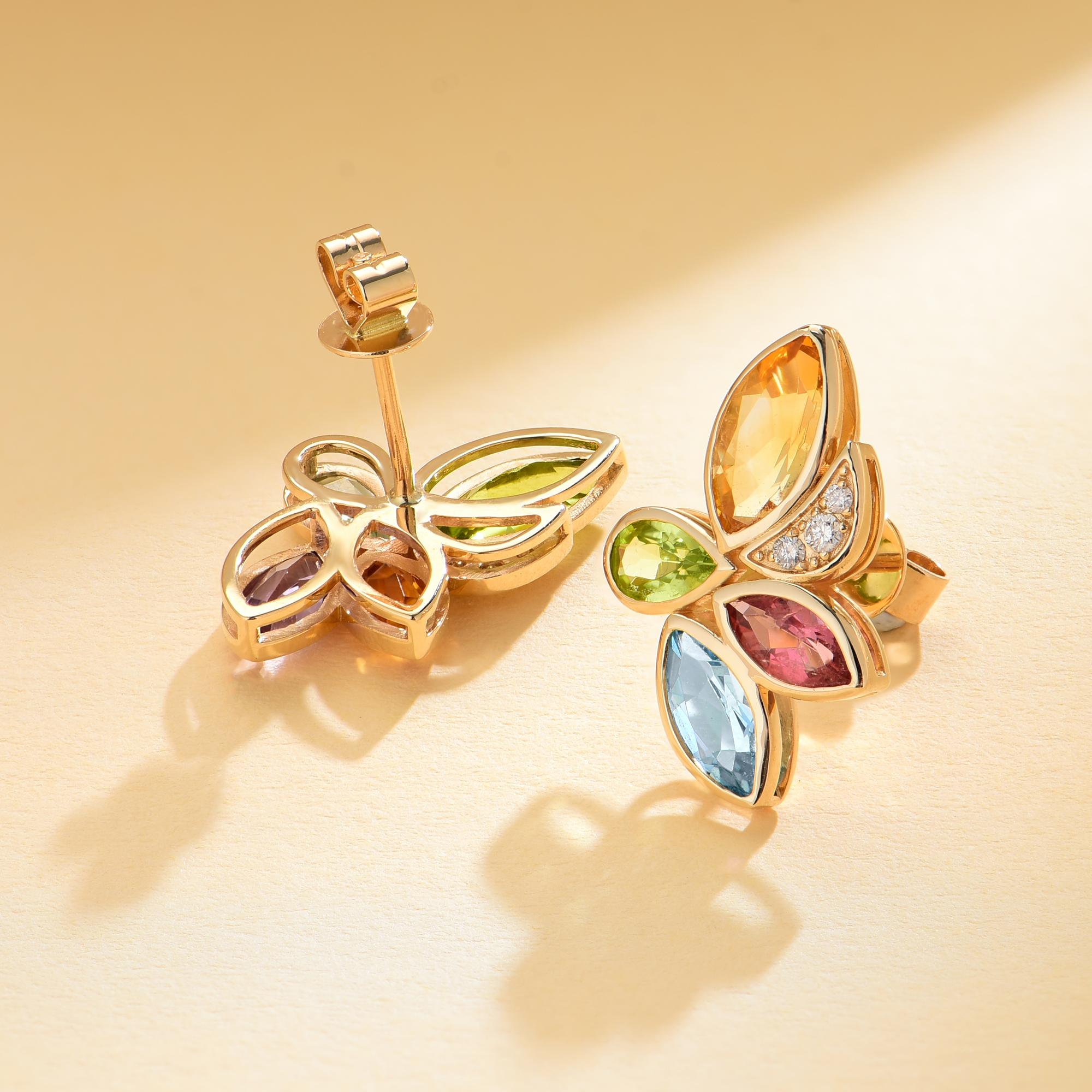 Modern Kai Tropical Flower 2.88ctw Multi Gemstone & Daimond Earrings For Sale