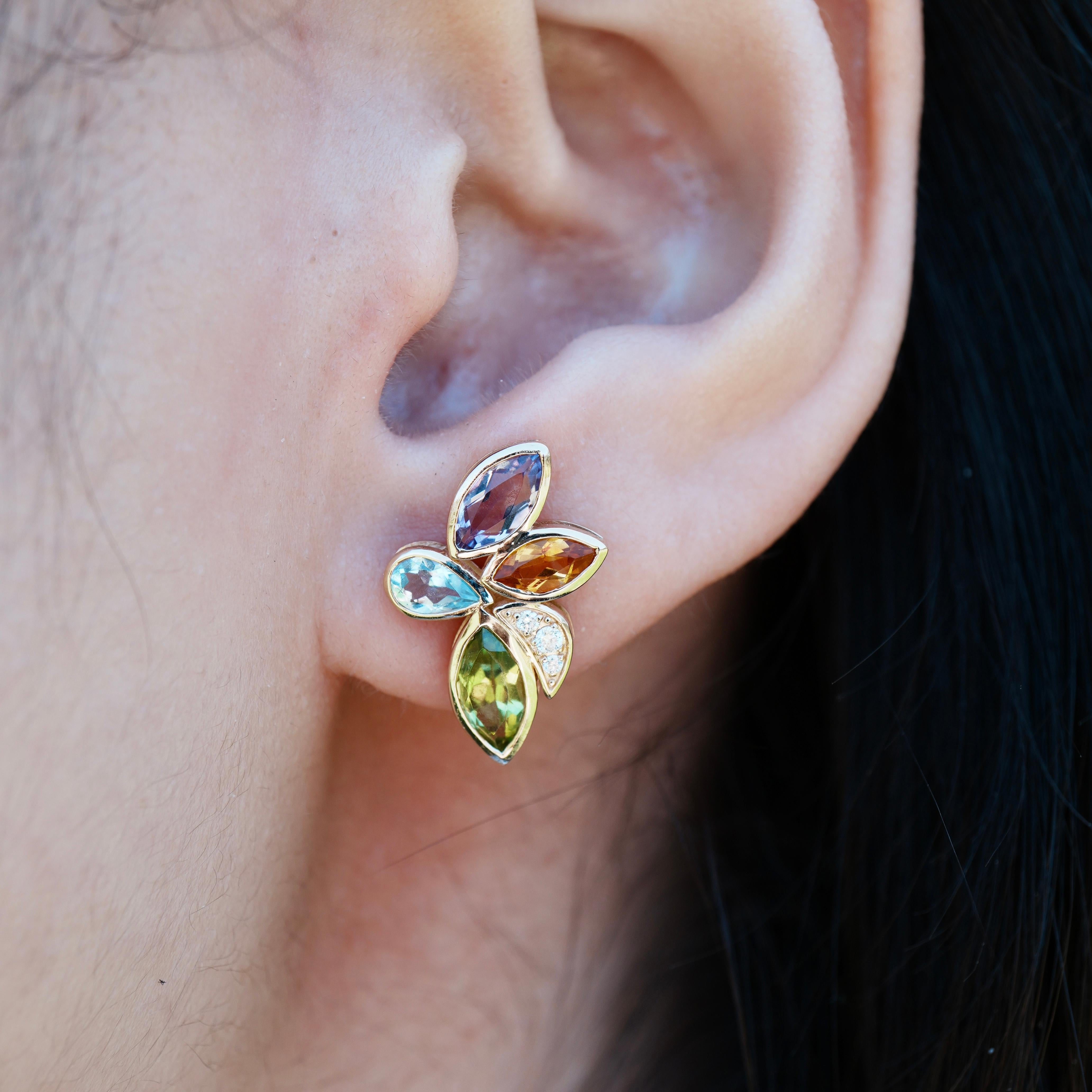 Brilliant Cut Kai Tropical Flower 2.88ctw Multi Gemstone & Daimond Earrings For Sale