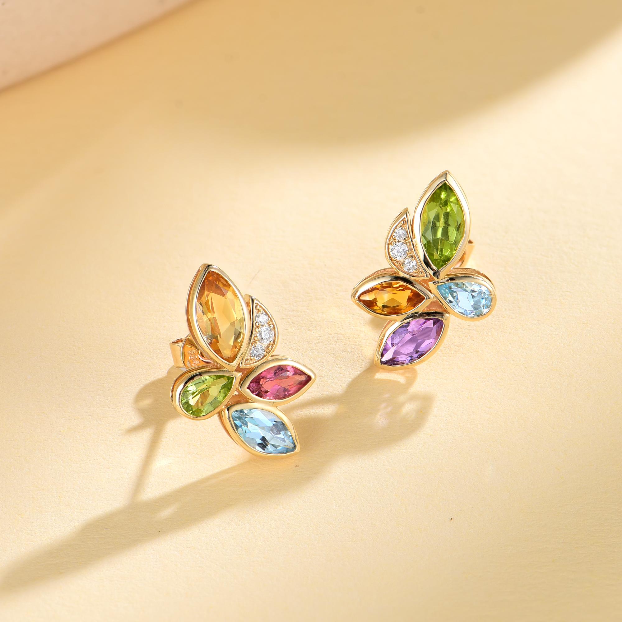 Kai Tropical Flower 2.88ctw Multi Gemstone & Daimond Earrings In New Condition For Sale In Rowland Heights, CA