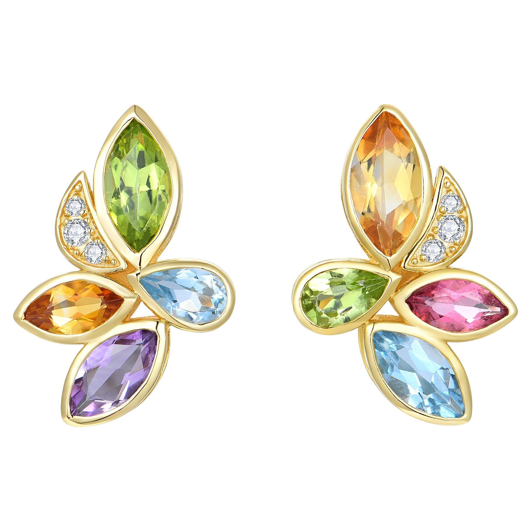 Kai Tropical Flower 2.88ctw Multi Gemstone & Daimond Earrings For Sale