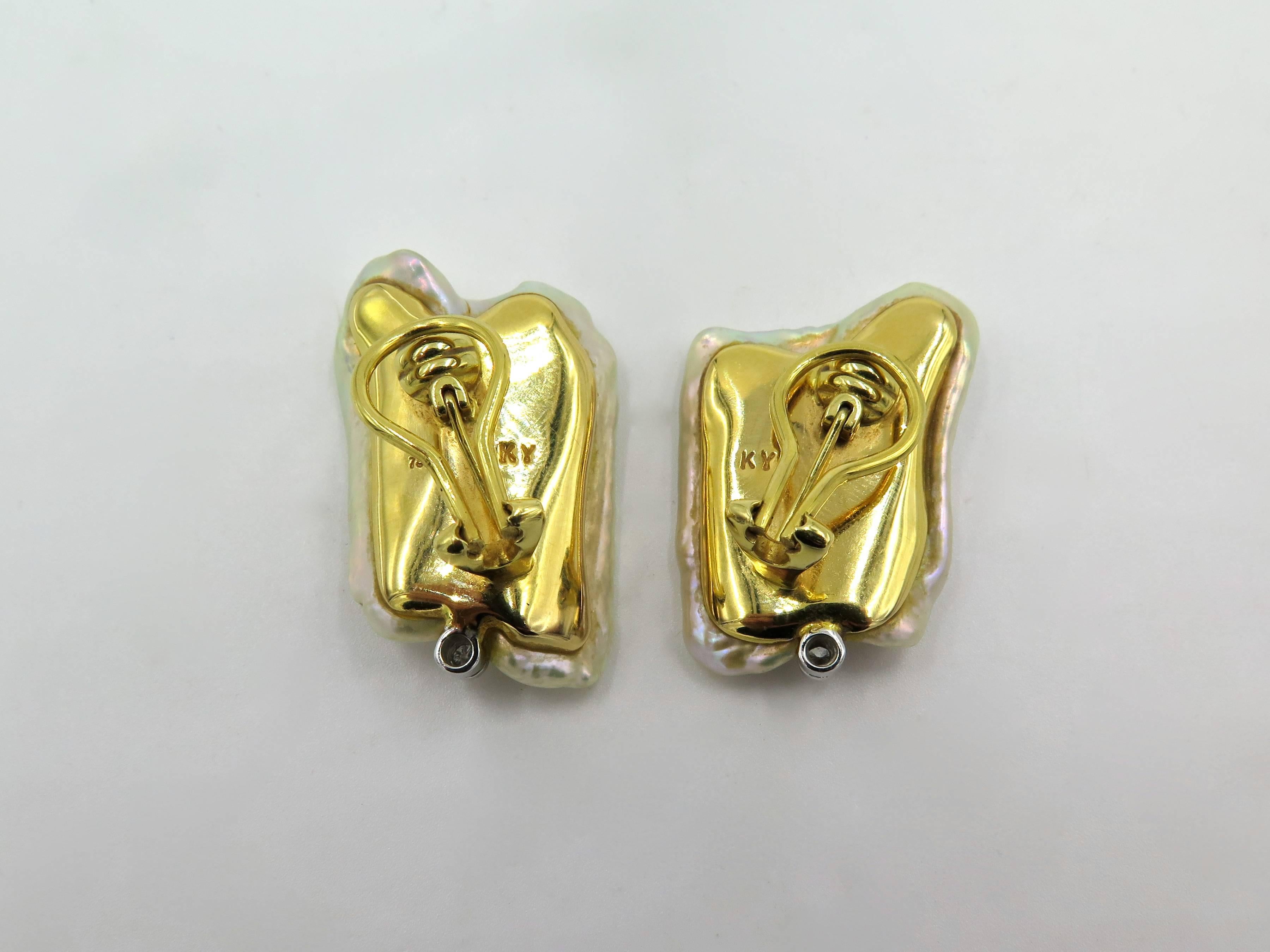 A pair of 18 karat yellow gold, Biwa pearl and diamond earrings. Circa 2000. Kai Yin Lo. Each set with a white Biwa pearl, enhanced by a circular cut diamond. Length is approximately 1 1/8 inches, gross weight is approximately  19.0 grams. Stamped