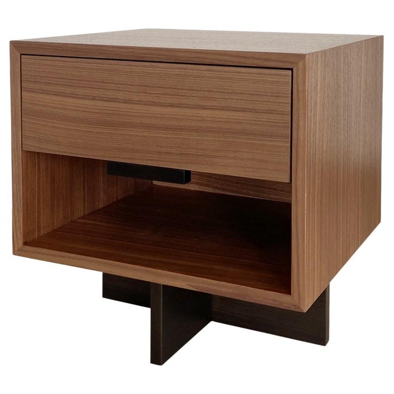 Kaid Nightstands, Contemporary Modern Minimalist Two-Tone Wooden Walnut In Stock For Sale