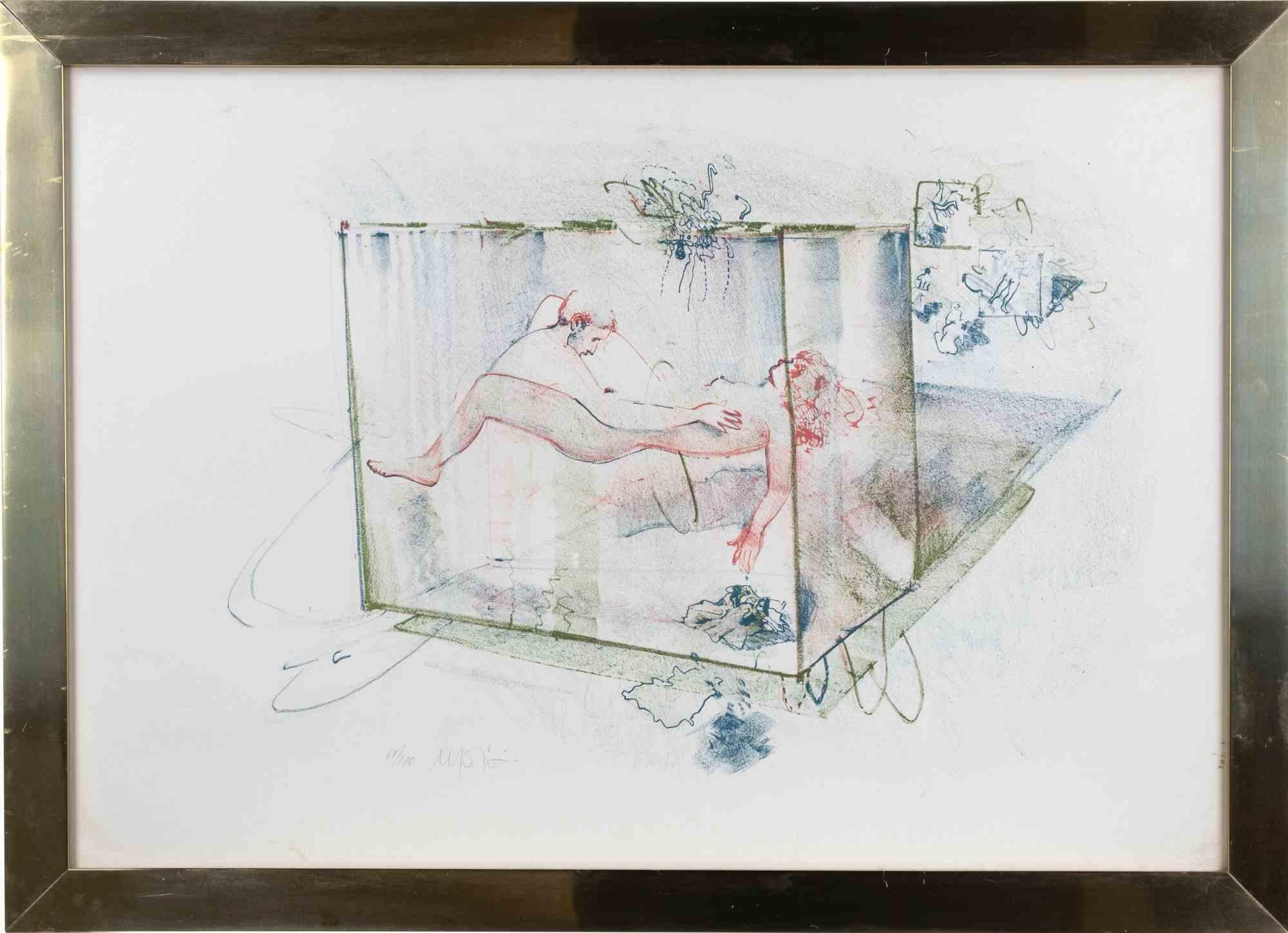 Couple in a cube is ancontemporary artwork realized by Kaiko Moti in 1970s.

Etching on paper.

Hand signed and numbered on the lower margin

Edition of 67/100

Includes frame
