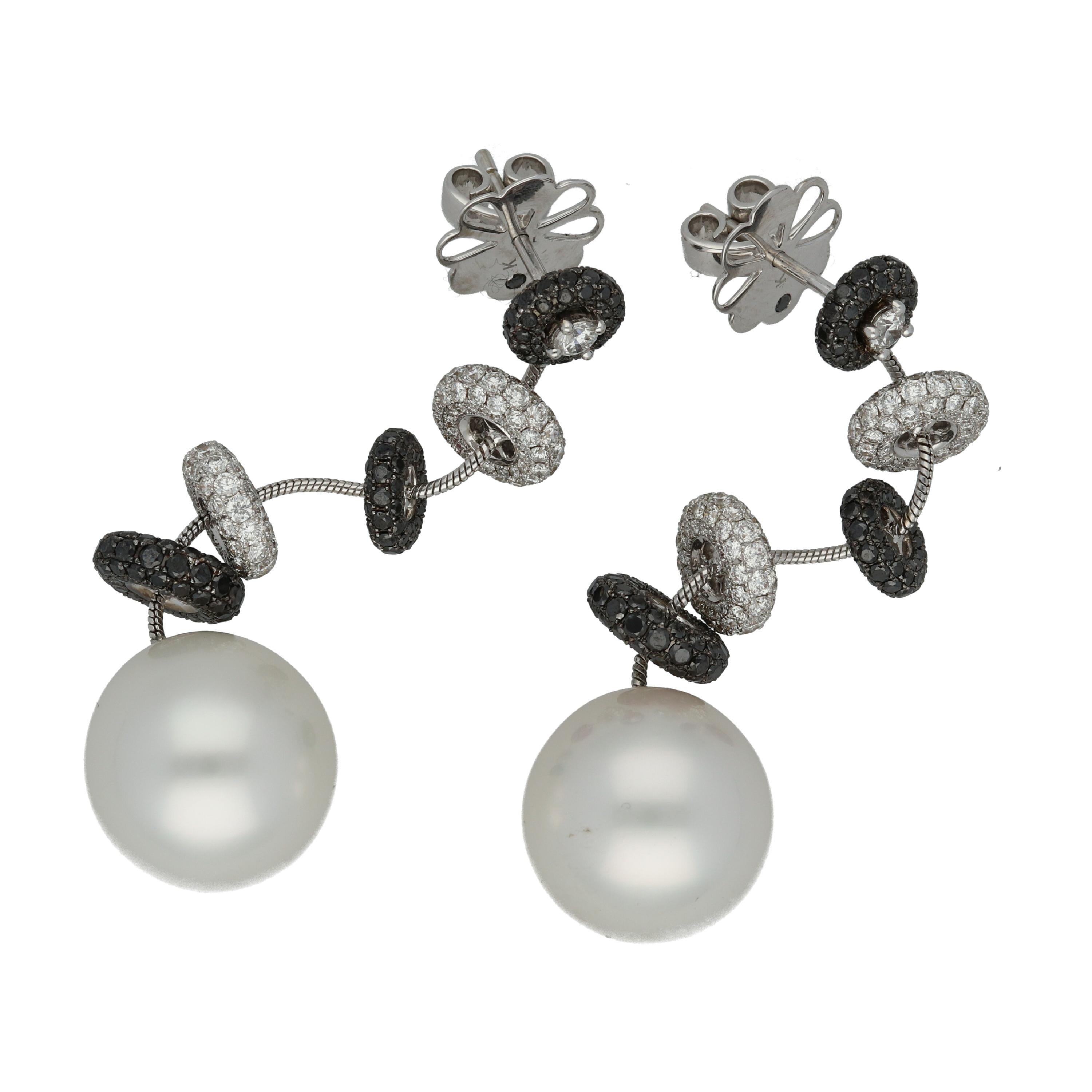 Round Cut Kailis Vibrance Australian South Sea Pearls Black White Diamonds Pendant Earring