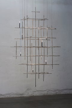 Unique Grid-Like Candlelight Sculptural Brass Chandelier by Morghen Studio
