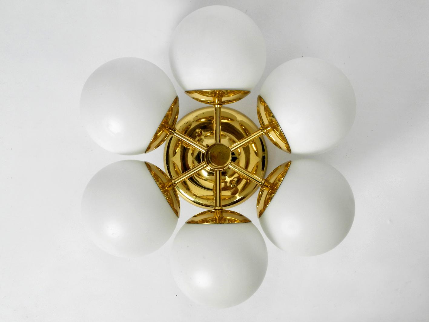 German Kaiser Brass Ceiling Lamp with Six Opaline Glasses 1960s Space Age Atomic Design