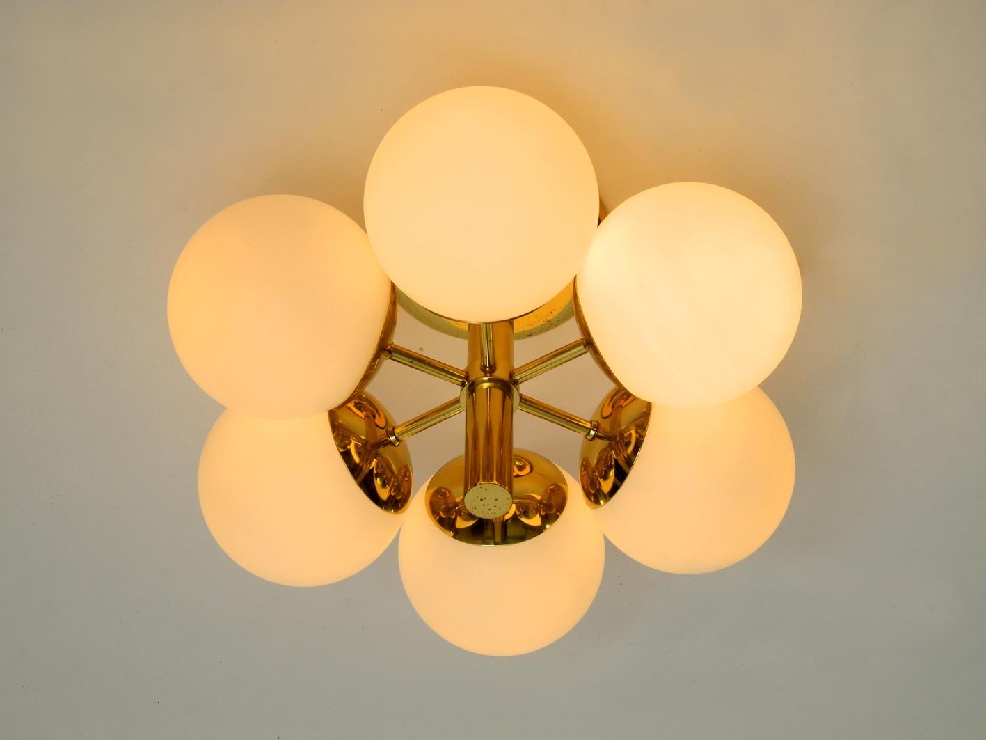 Kaiser Brass Ceiling Lamp with Six Opaline Glasses 1960s Space Age Atomic Design In Good Condition In München, DE
