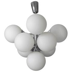 Kaiser Chrome Metal Ceiling Lamp, a "Grape" with Nine White Opal Glass Balls