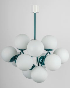 Kaiser Green Sputnik Molecular Shape Chandelier, 12 Opal Glass, Germany, 1970s