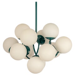 Kaiser Green Sputnik Molecular Shape Chandelier, 12 Opal Glass, Germany, 1970s