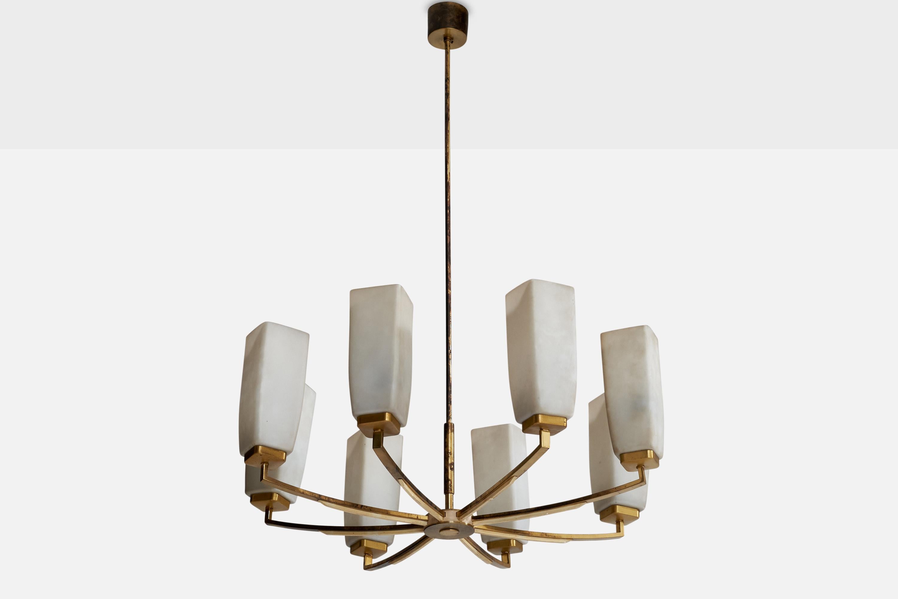 A sizeable brass and opaline glass chandelier designed and produced by Kaiser-Leuchten, Germany, c. 1950s.

Dimensions of canopy (inches): 2.3” H x 2.9” Diameter
Socket takes standard E-26 bulbs. 8 socketsThere is no maximum wattage stated on the