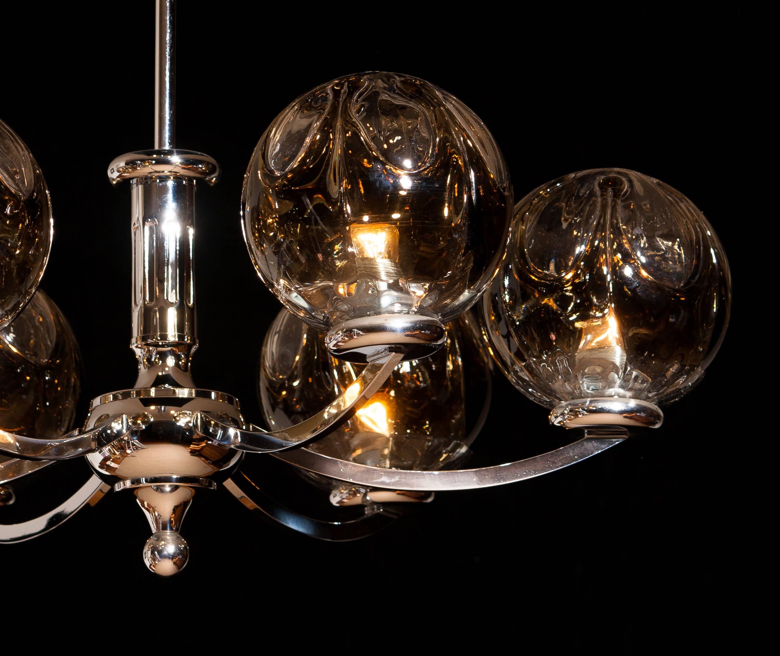 German Kaiser Leuchten Chromed Chandelier with six Mouth-Blown Crystal Mazzenga Globes