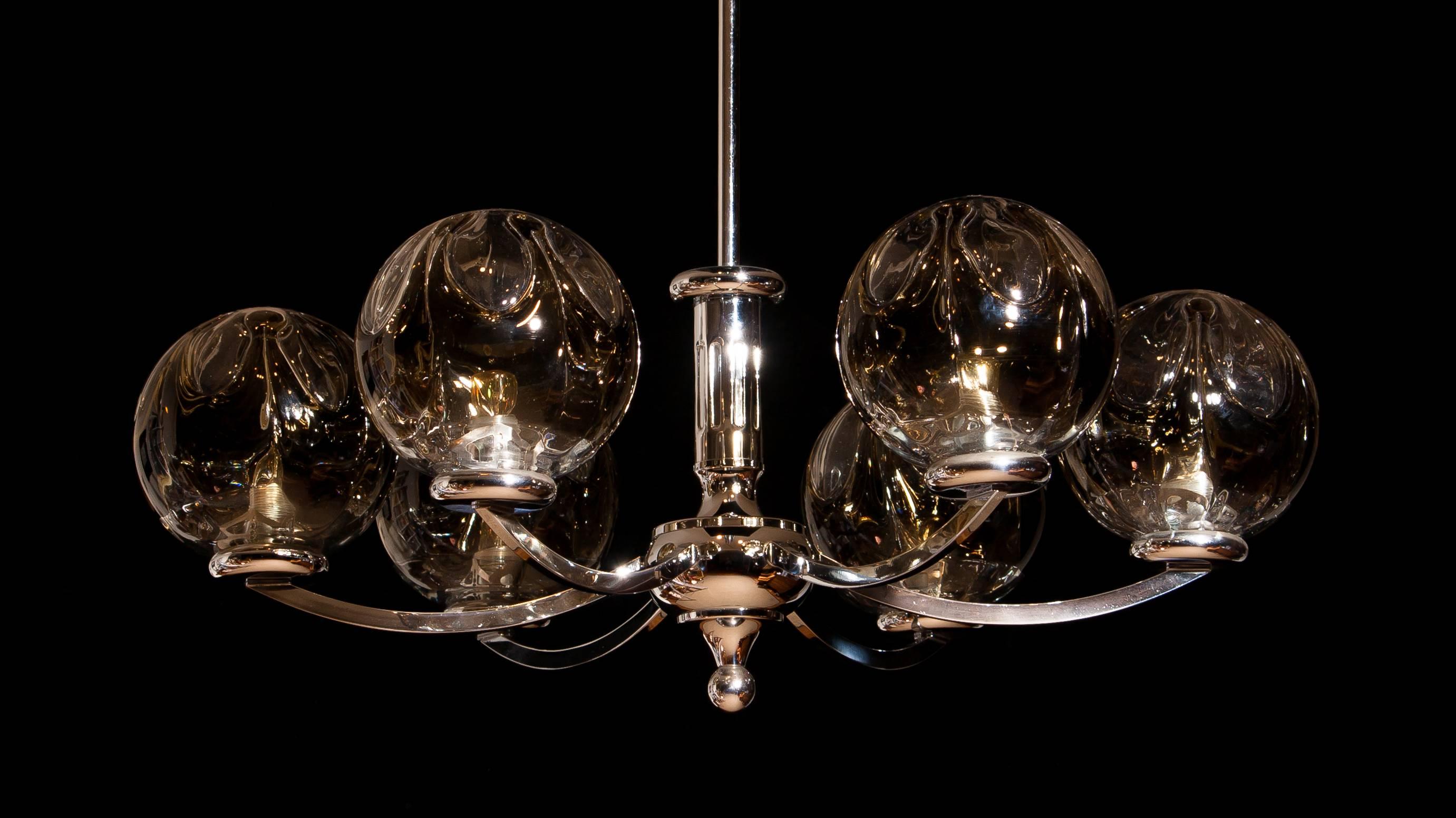 Kaiser Leuchten Chromed Chandelier with six Mouth-Blown Crystal Mazzenga Globes 1