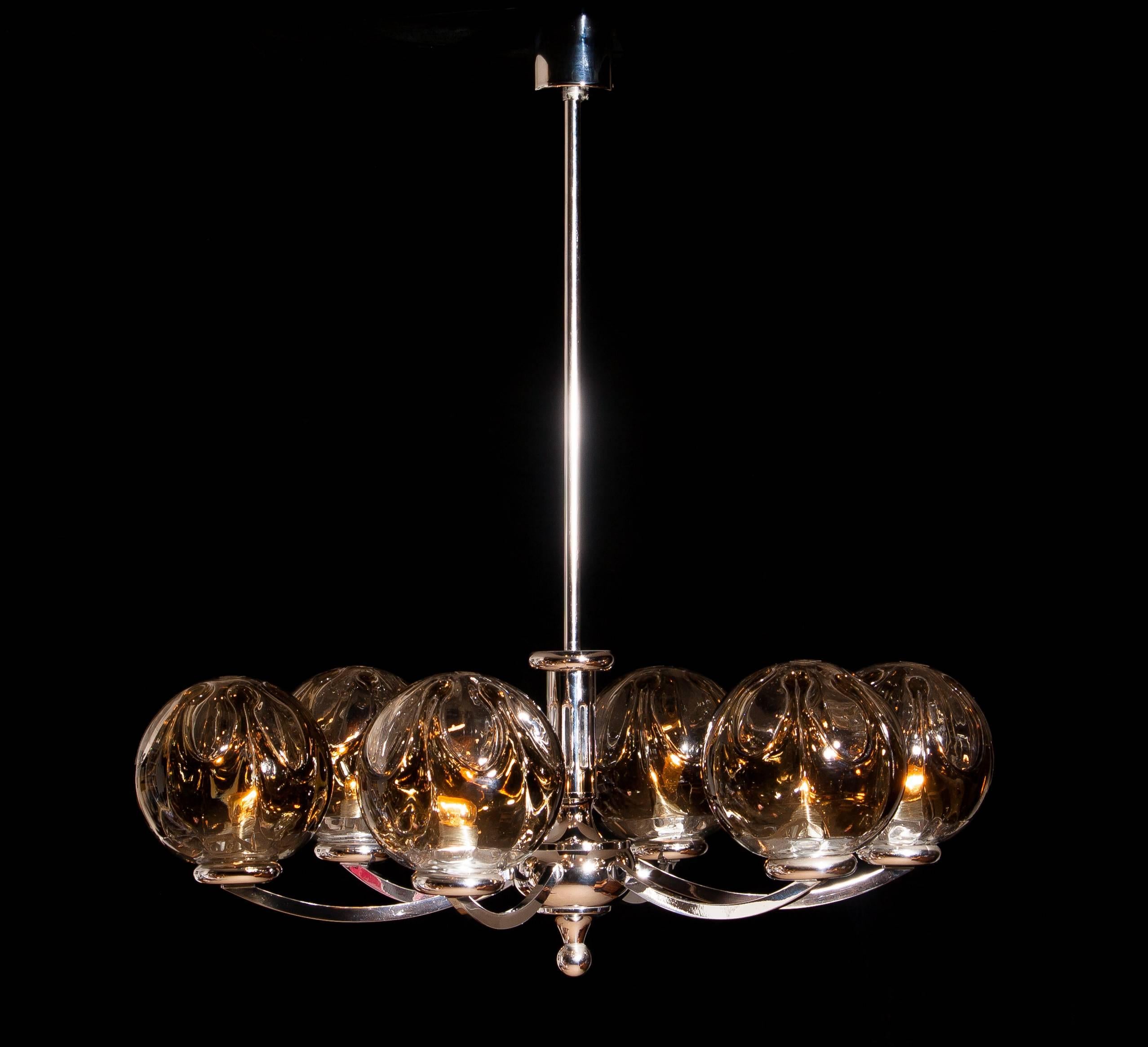 Kaiser Leuchten Chromed Chandelier with six Mouth-Blown Crystal Mazzenga Globes 2