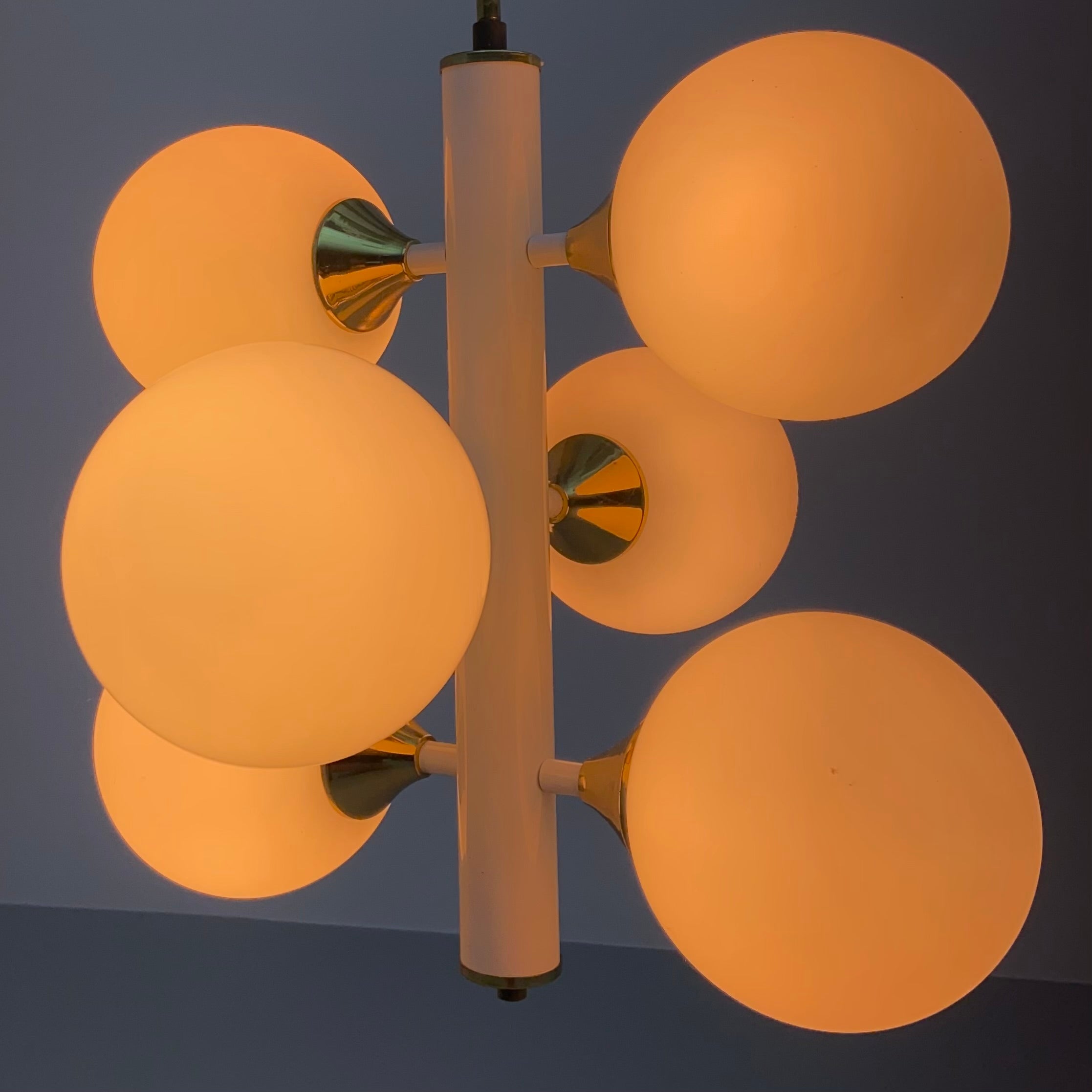 Late 20th Century Kaiser Leuchten Sputnik in Brass and Metal with 6 Opaline Bulbs, Germany, 1970's For Sale