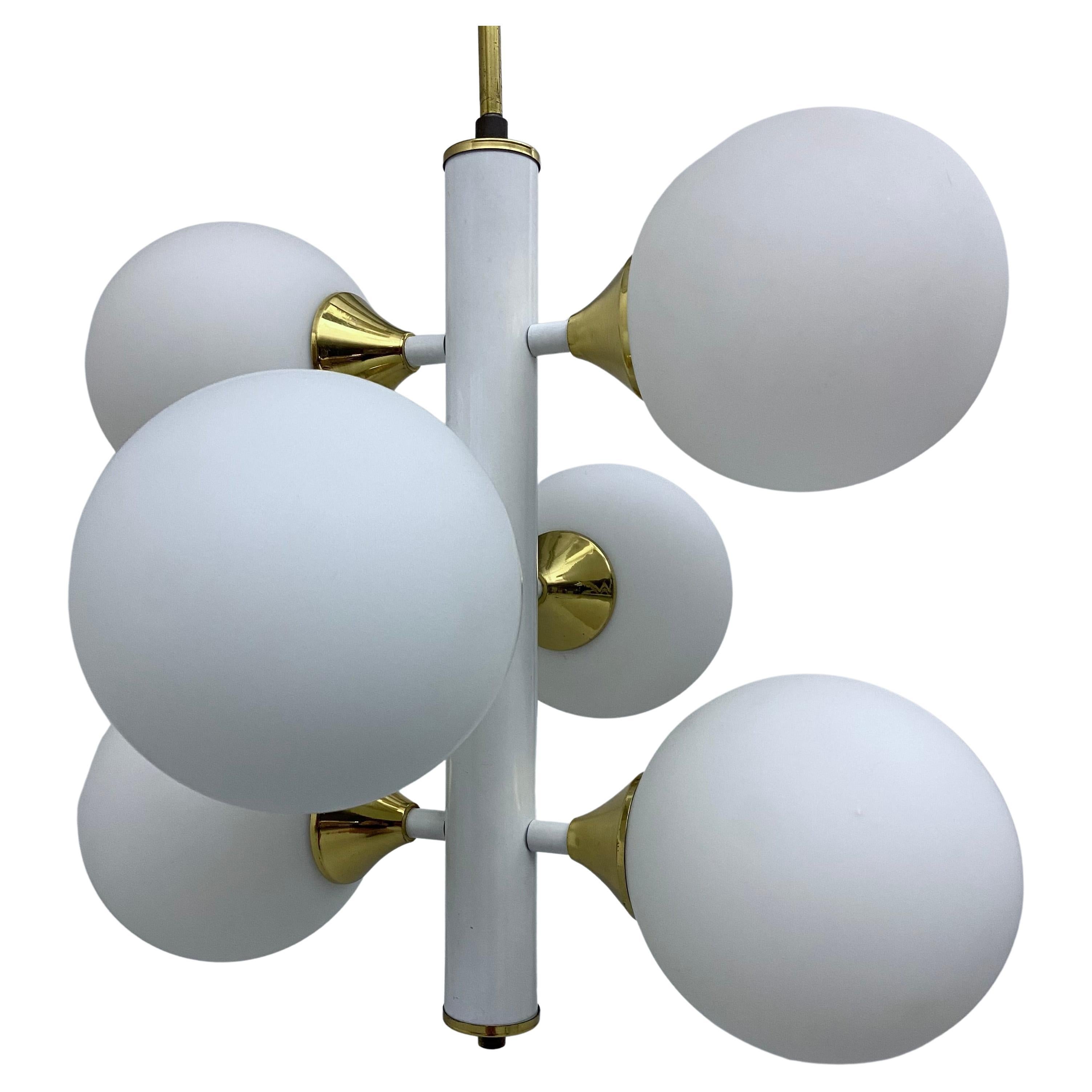 Kaiser Leuchten Sputnik in Brass and Metal with 6 Opaline Bulbs, Germany, 1970's For Sale