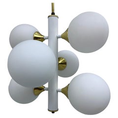 Kaiser Leuchten Sputnik in Brass and Metal with 6 Opaline Bulbs, Germany, 1970's