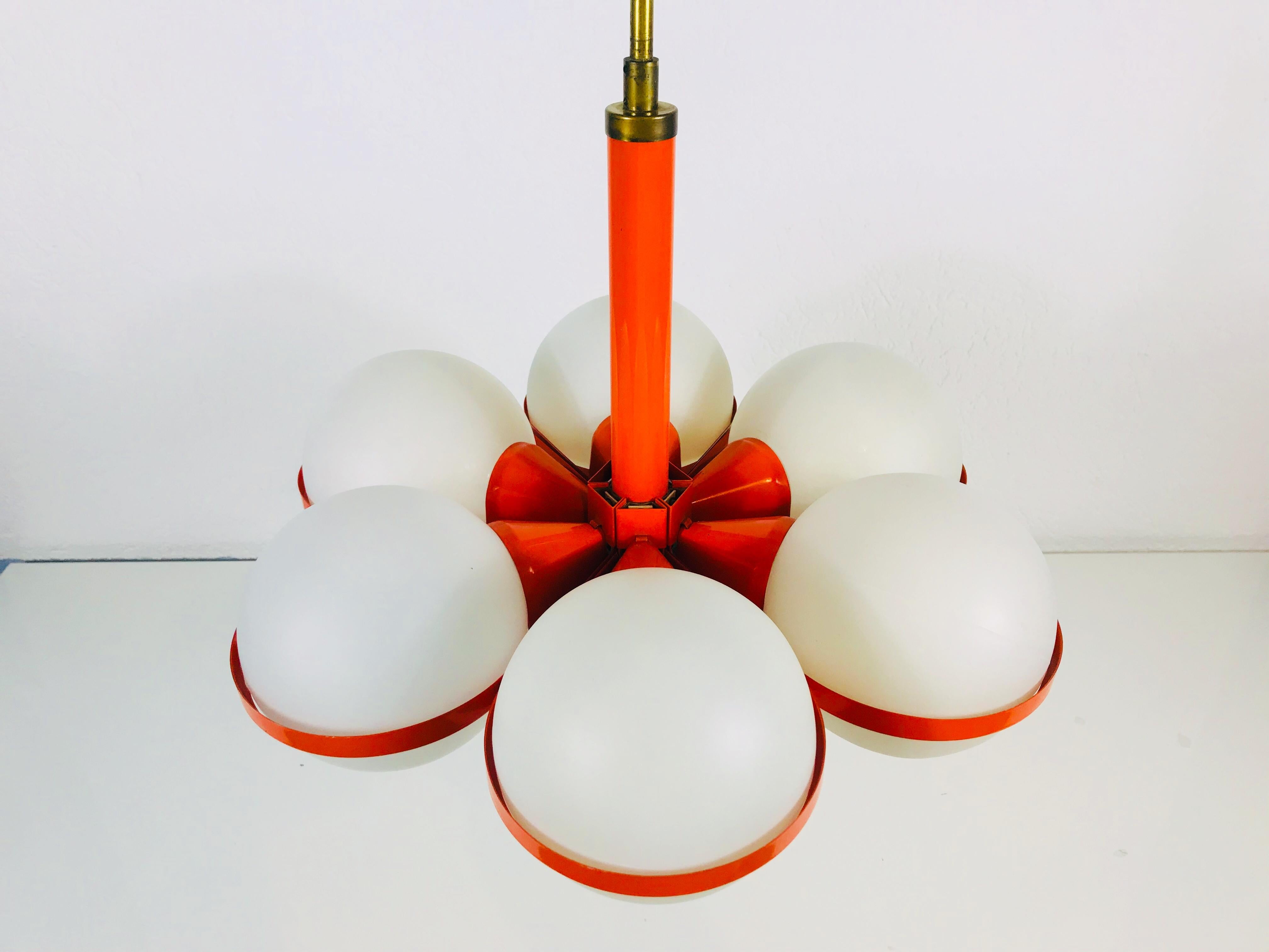 Mid-Century Modern Kaiser Midcentury Red 6-Arm Space Age Chandelier, 1960s, Germany
