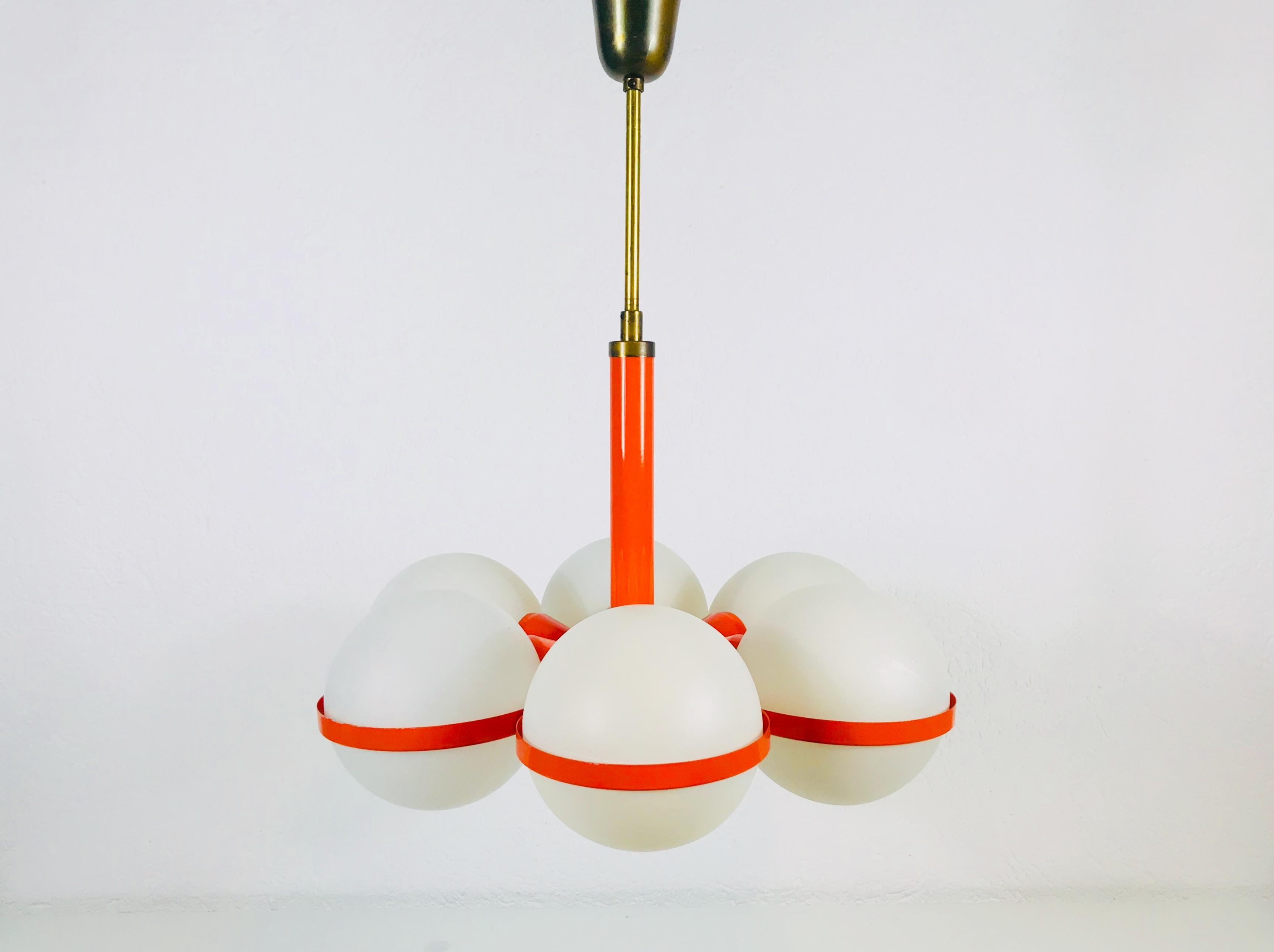 Kaiser Midcentury Red 6-Arm Space Age Chandelier, 1960s, Germany In Good Condition In Hagenbach, DE