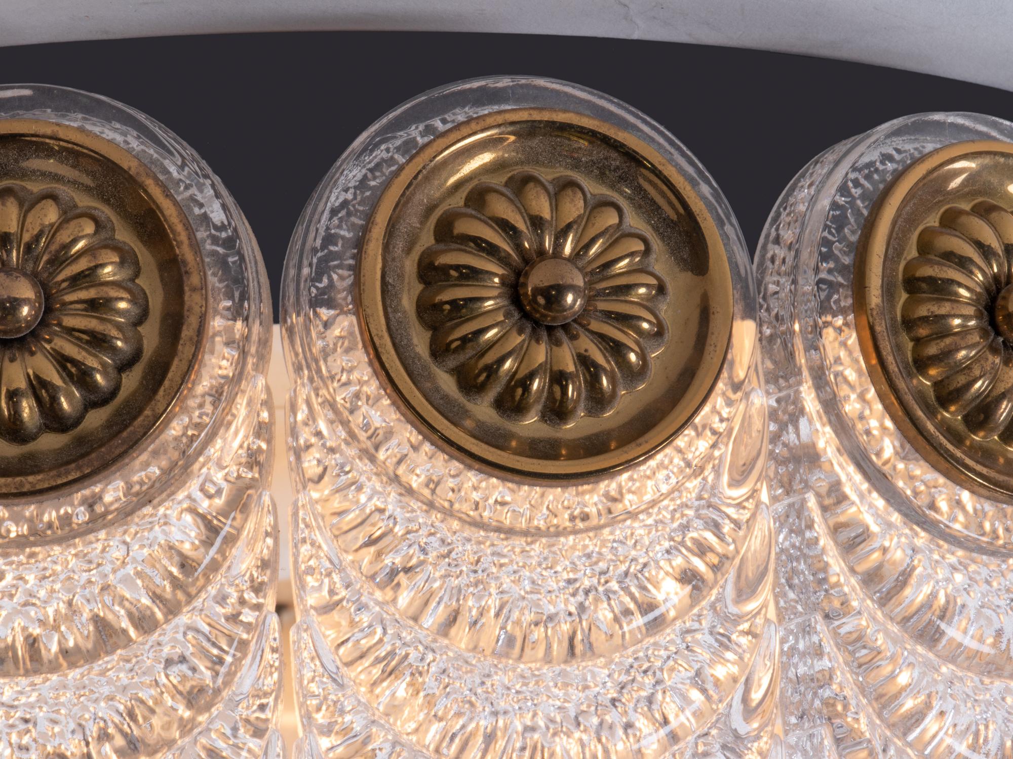 Mid-Century Modern 1960 Germany Kaiser Flush Mount Ceiling Light Murano Glass & Brass