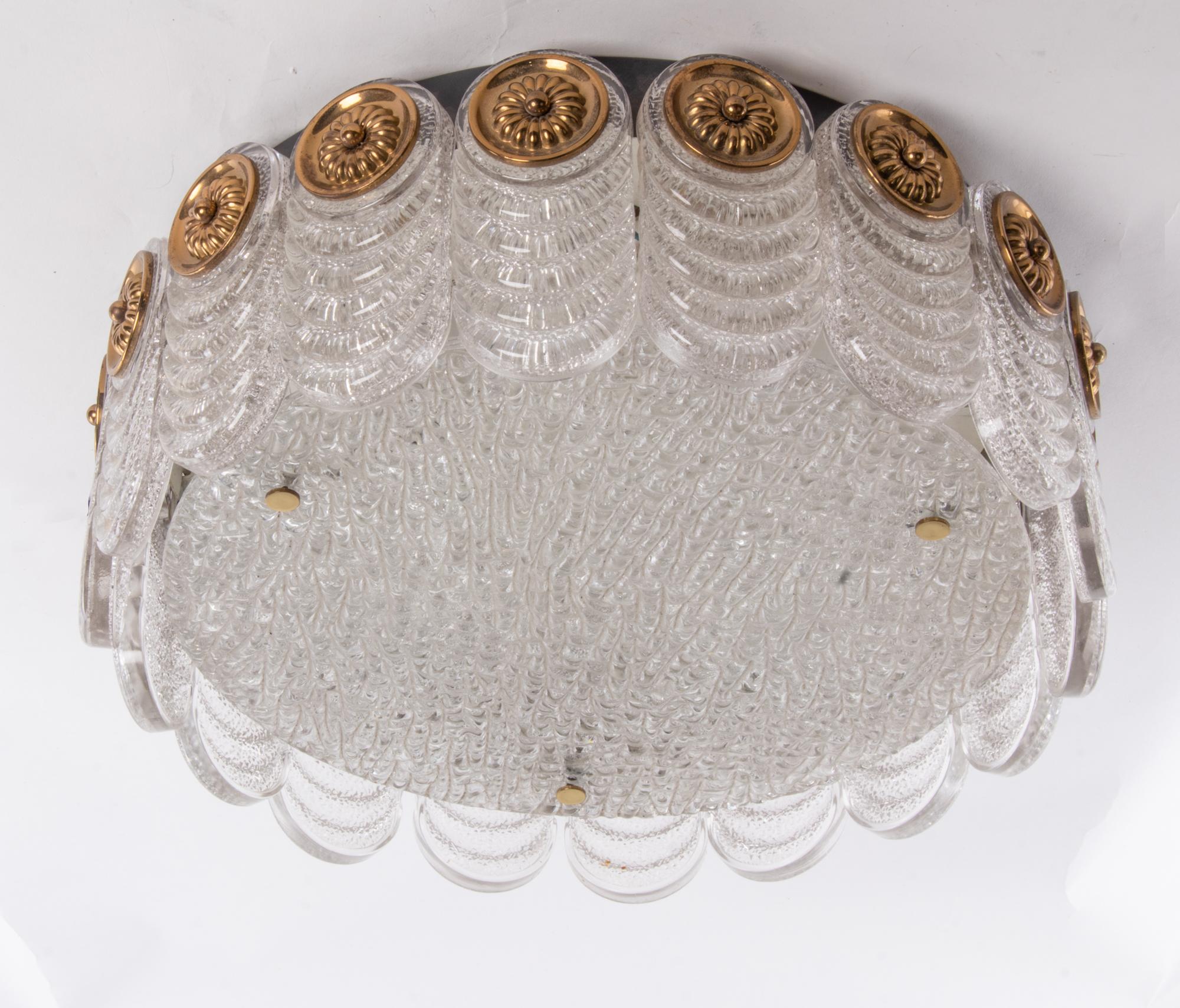 1960 Germany Kaiser Flush Mount Ceiling Light Murano Glass & Brass In Good Condition In Niederdorfelden, Hessen