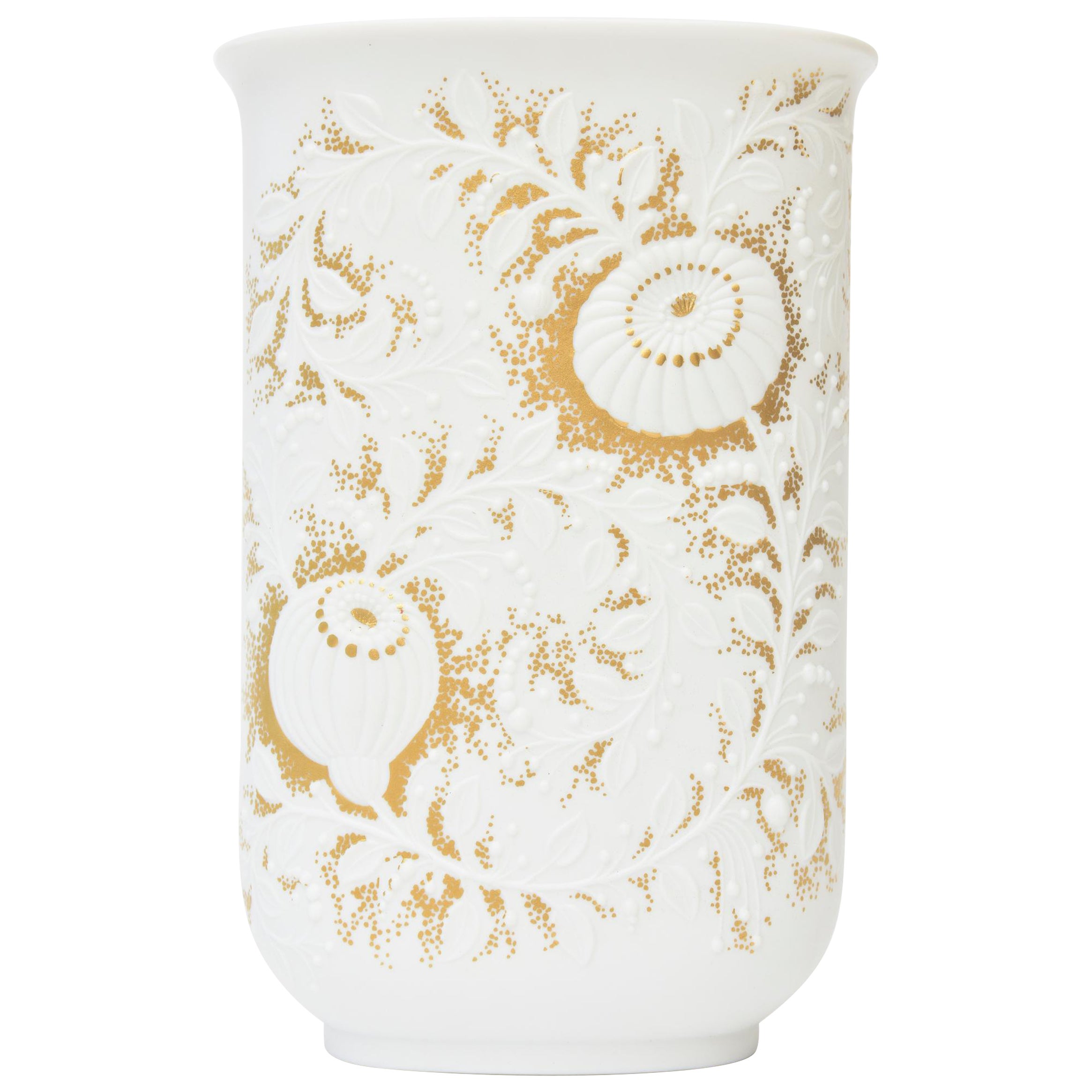 Kaiser Signed White and Gold Porcelain Vase With Textural Applied Flowers 60's