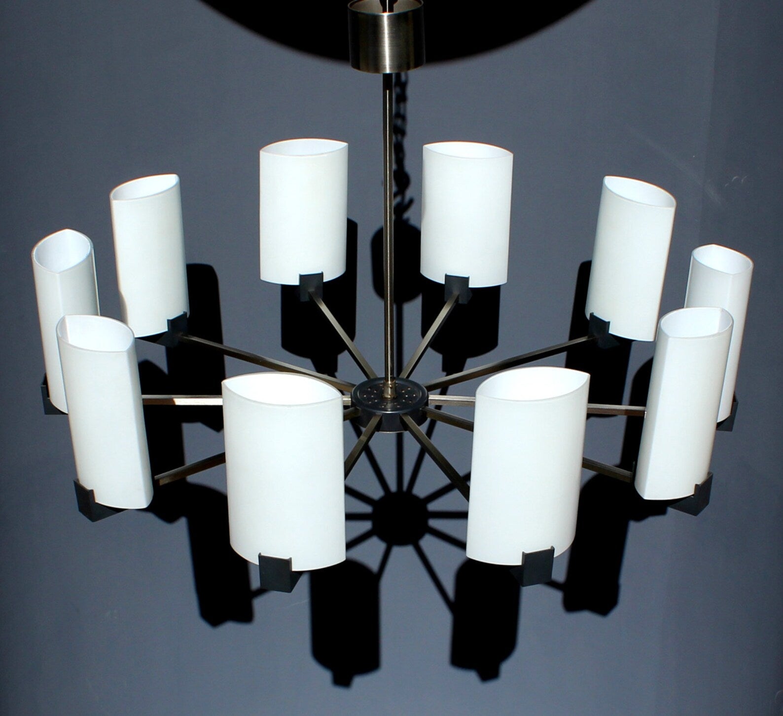 NICKEL PLATED MODERNIST CHANDELIER 1970s WITH 10 OPAL GLASS TUBES BY KAISER GERMANY (E14) 
DIAMETER 28,5