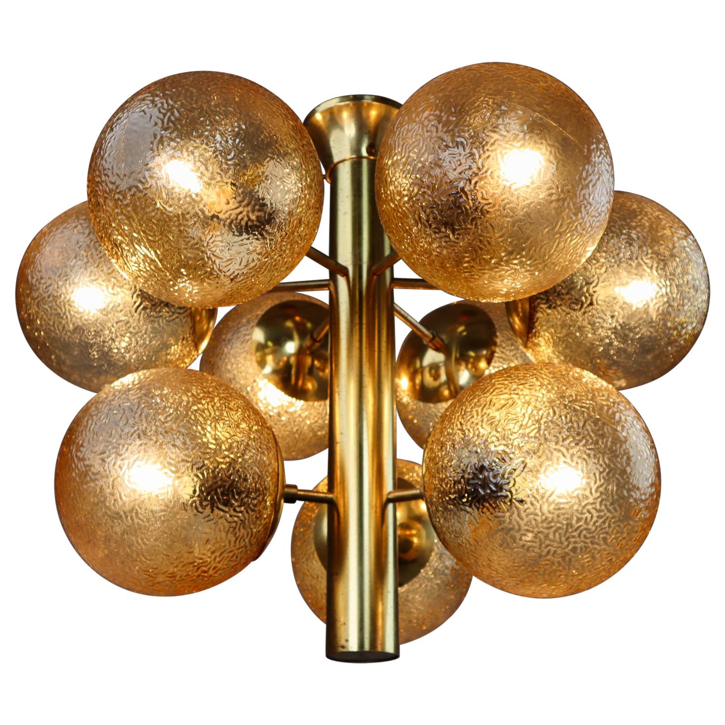 Kaiser Sputnik Glass Globes Patinated Brass Chandelier, Germany, 1970s For Sale