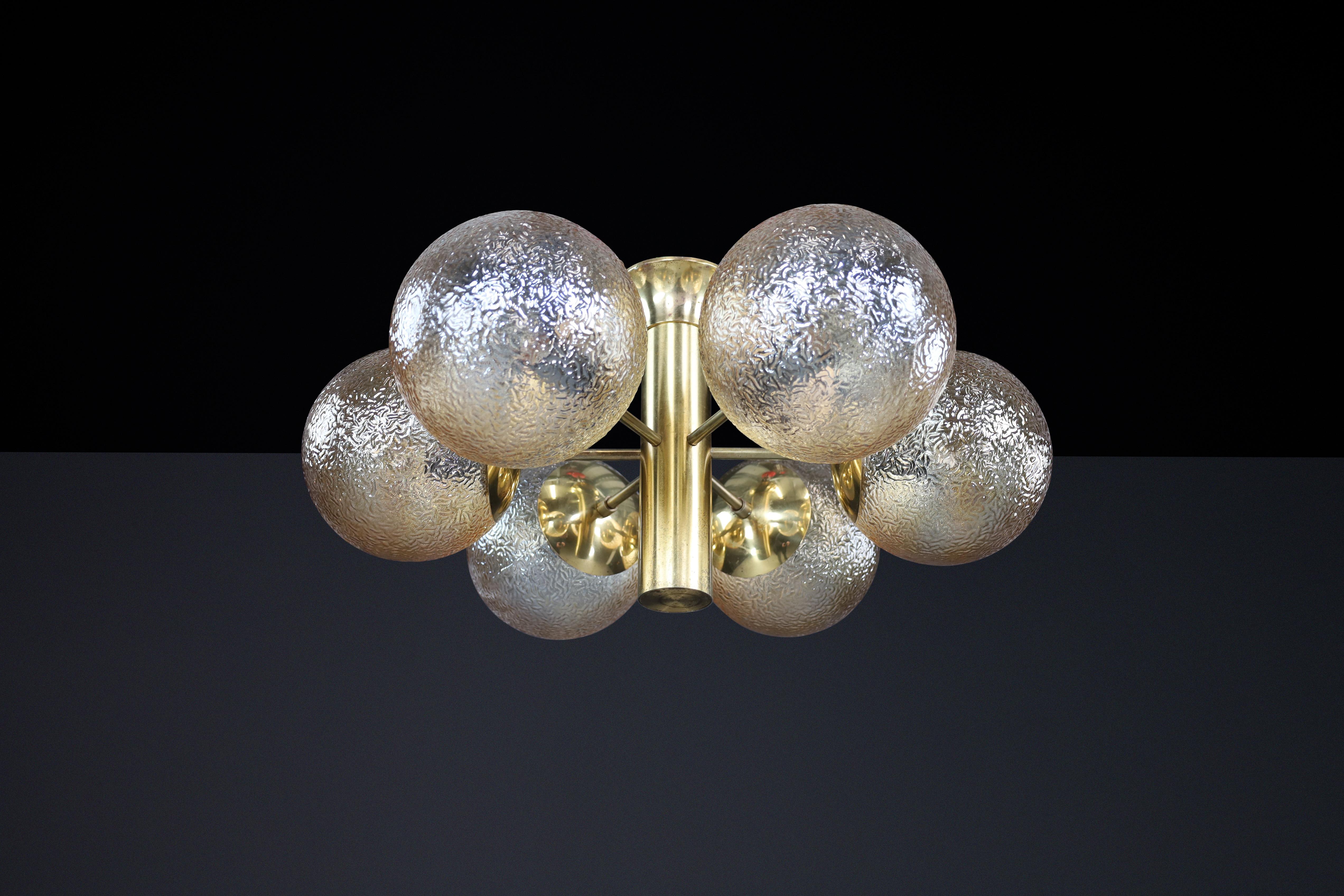 Patinated Brass Sputnik Chandelier with Six Gold-Colored Globes, Germany 1960s For Sale 5