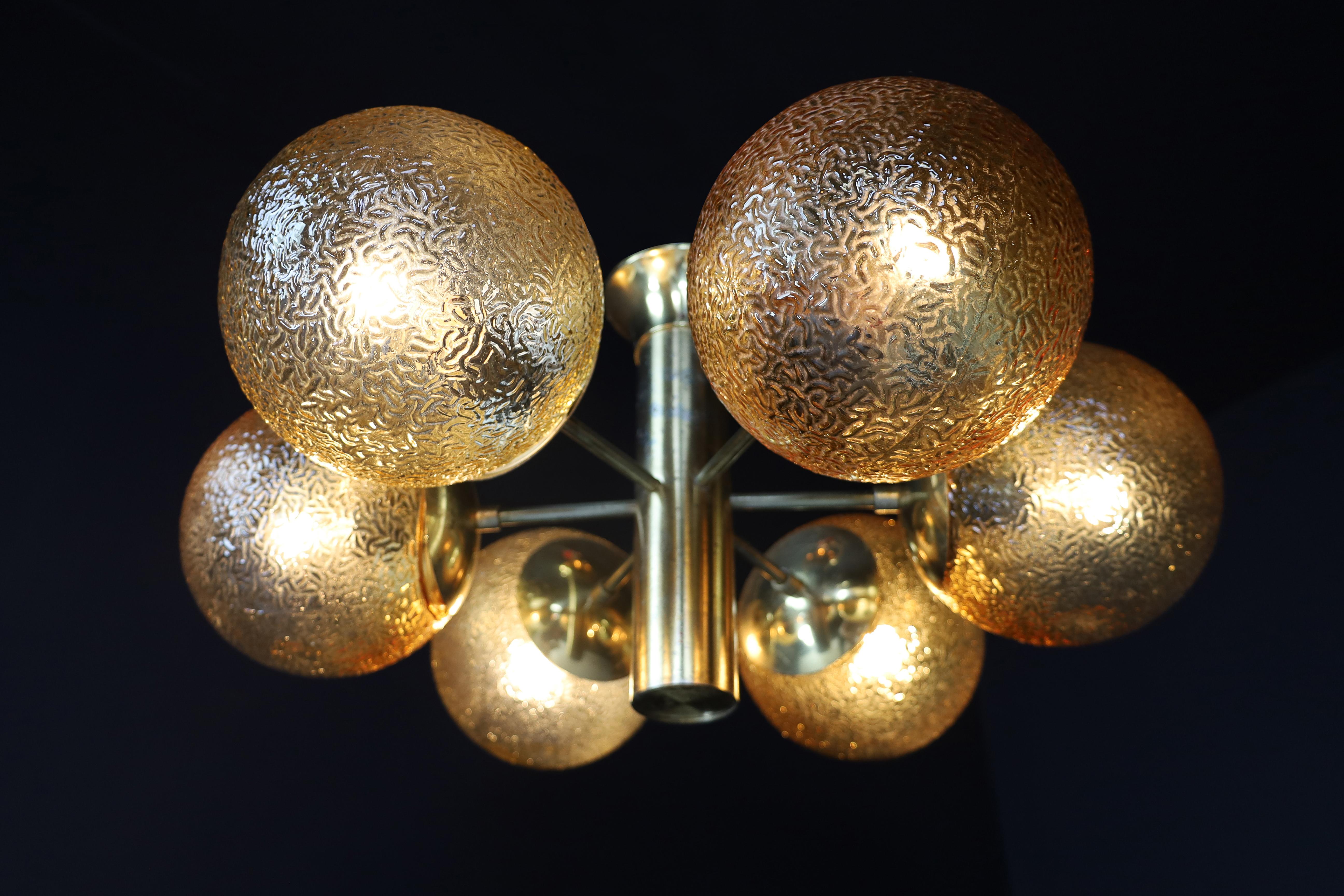 Mid-Century Modern Kaiser Sputnik Six Glass Globes Patinated Brass Chandelier, Germany, 1960s For Sale