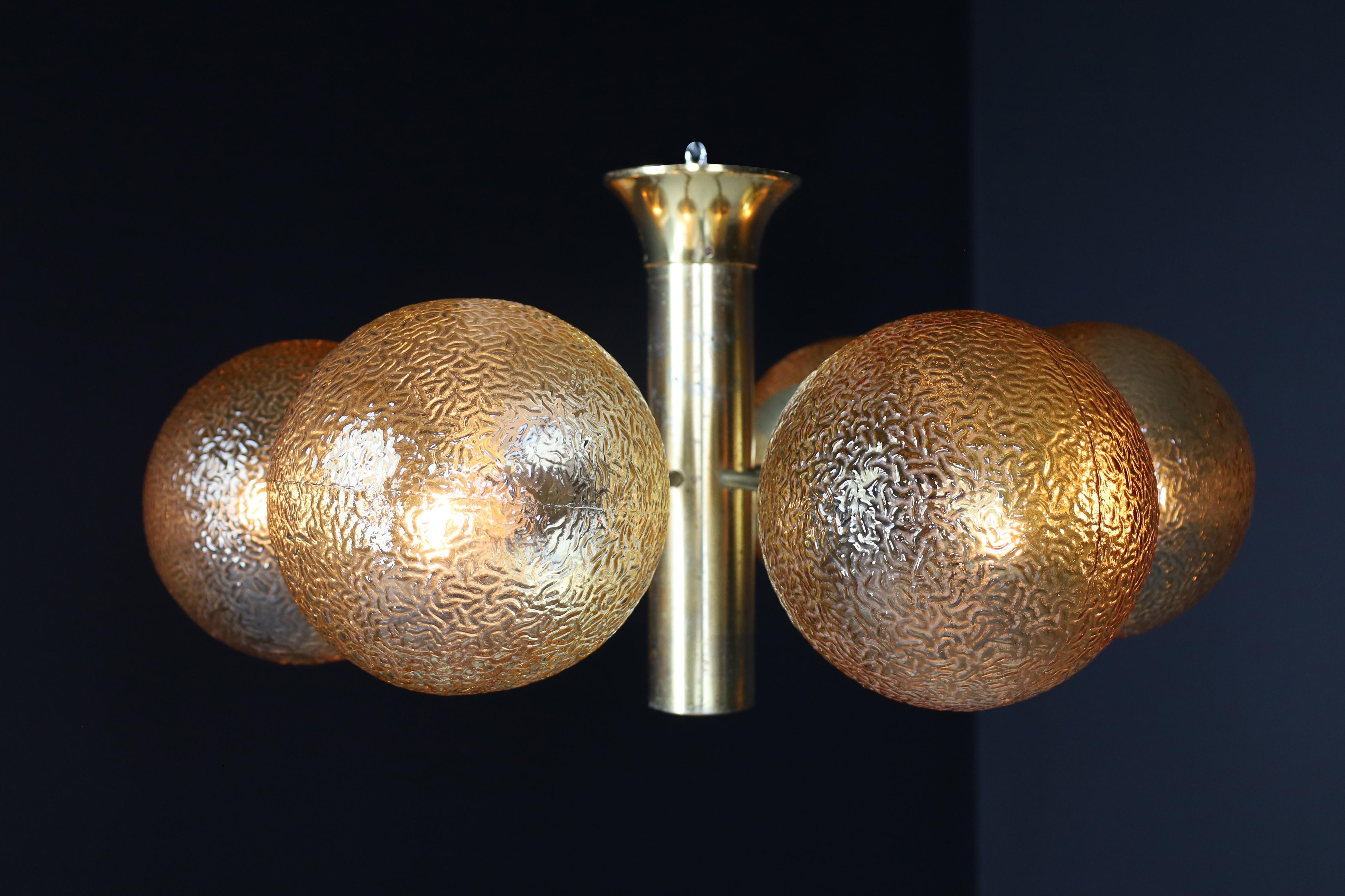 20th Century Kaiser Sputnik Six Glass Globes Patinated Brass Chandelier, Germany, 1960s For Sale