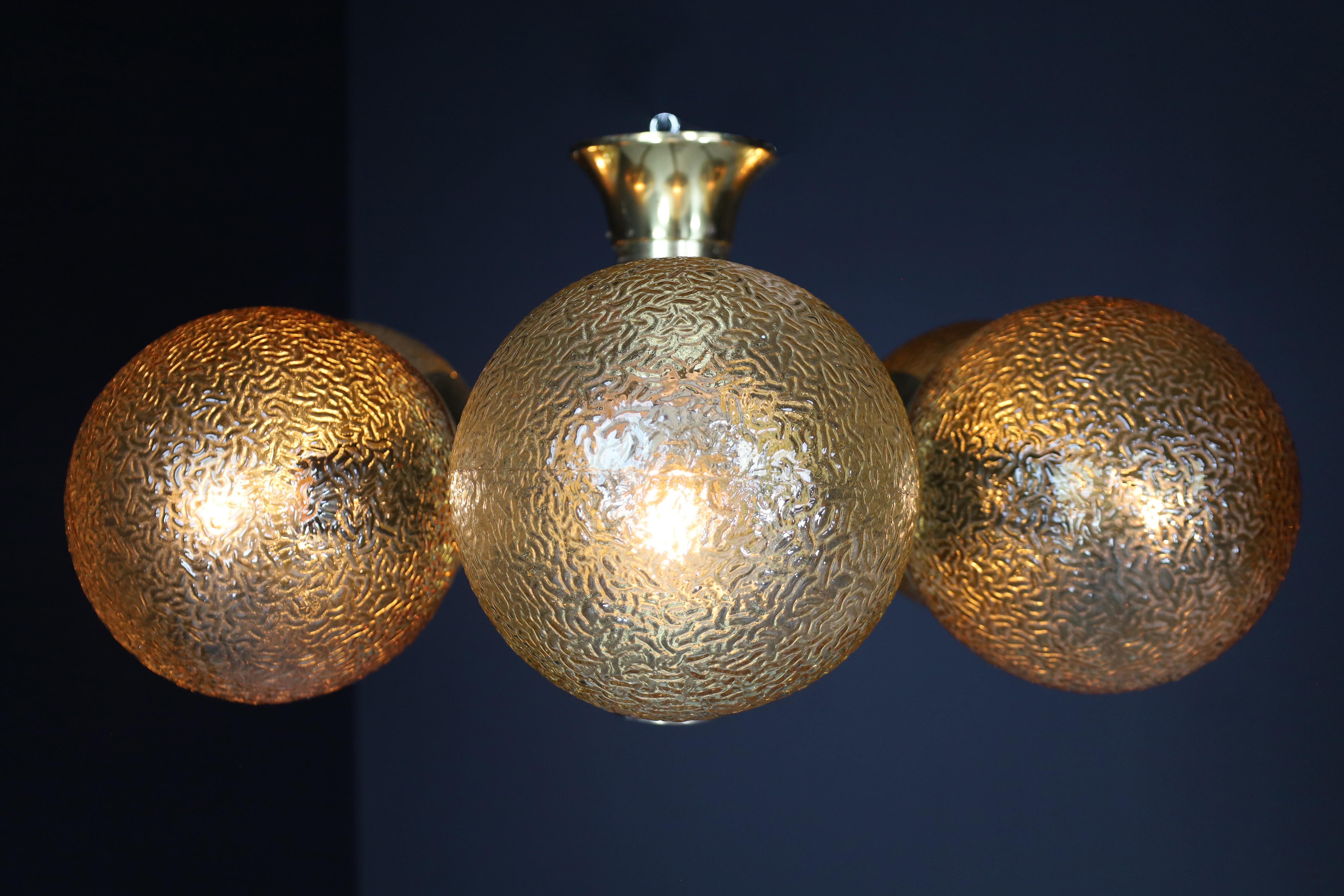 Kaiser Sputnik Six Glass Globes Patinated Brass Chandelier, Germany, 1960s For Sale 2