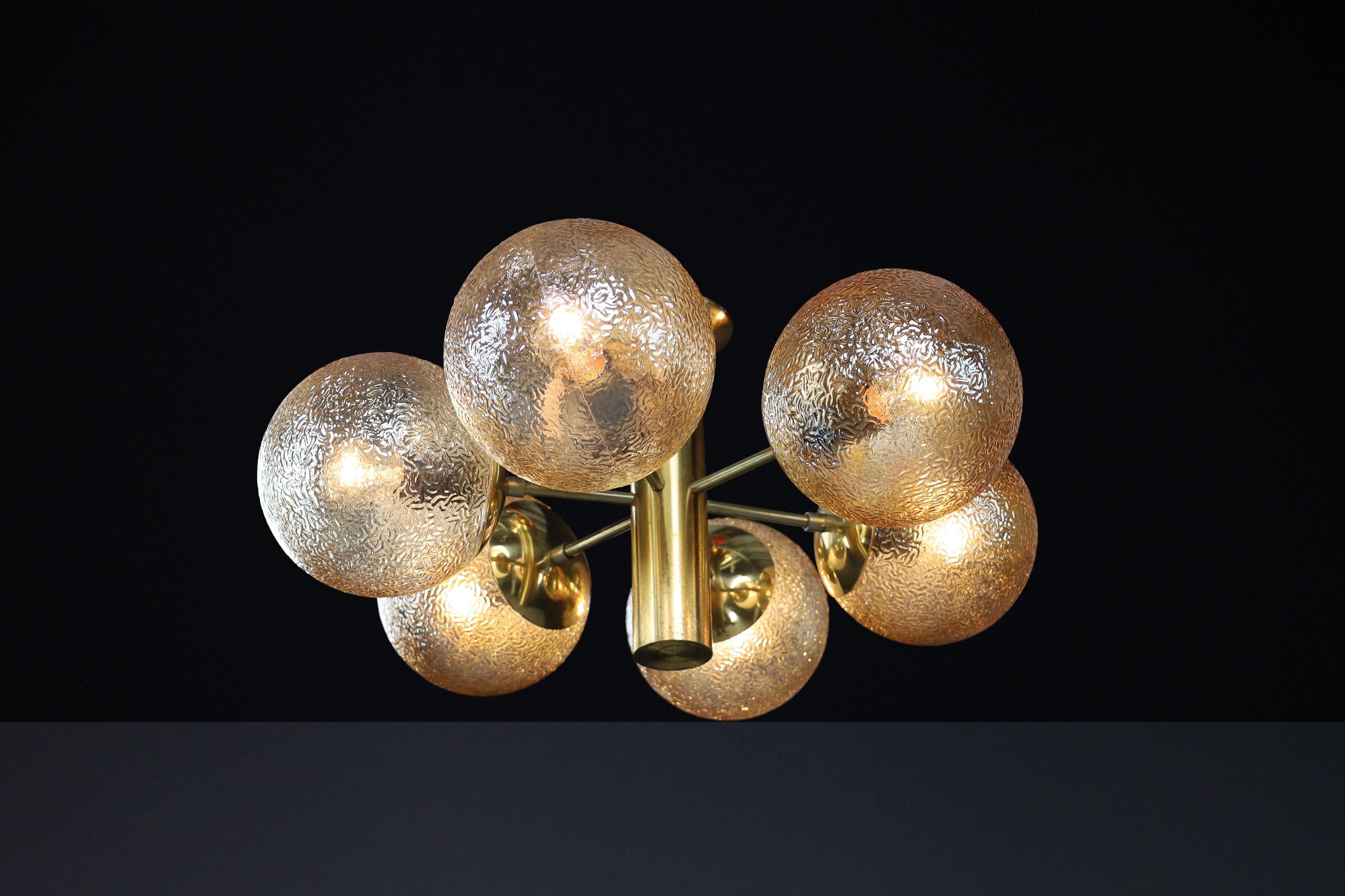 Patinated Brass Sputnik Chandelier with Six Gold-Colored Globes, Germany 1960s For Sale 2
