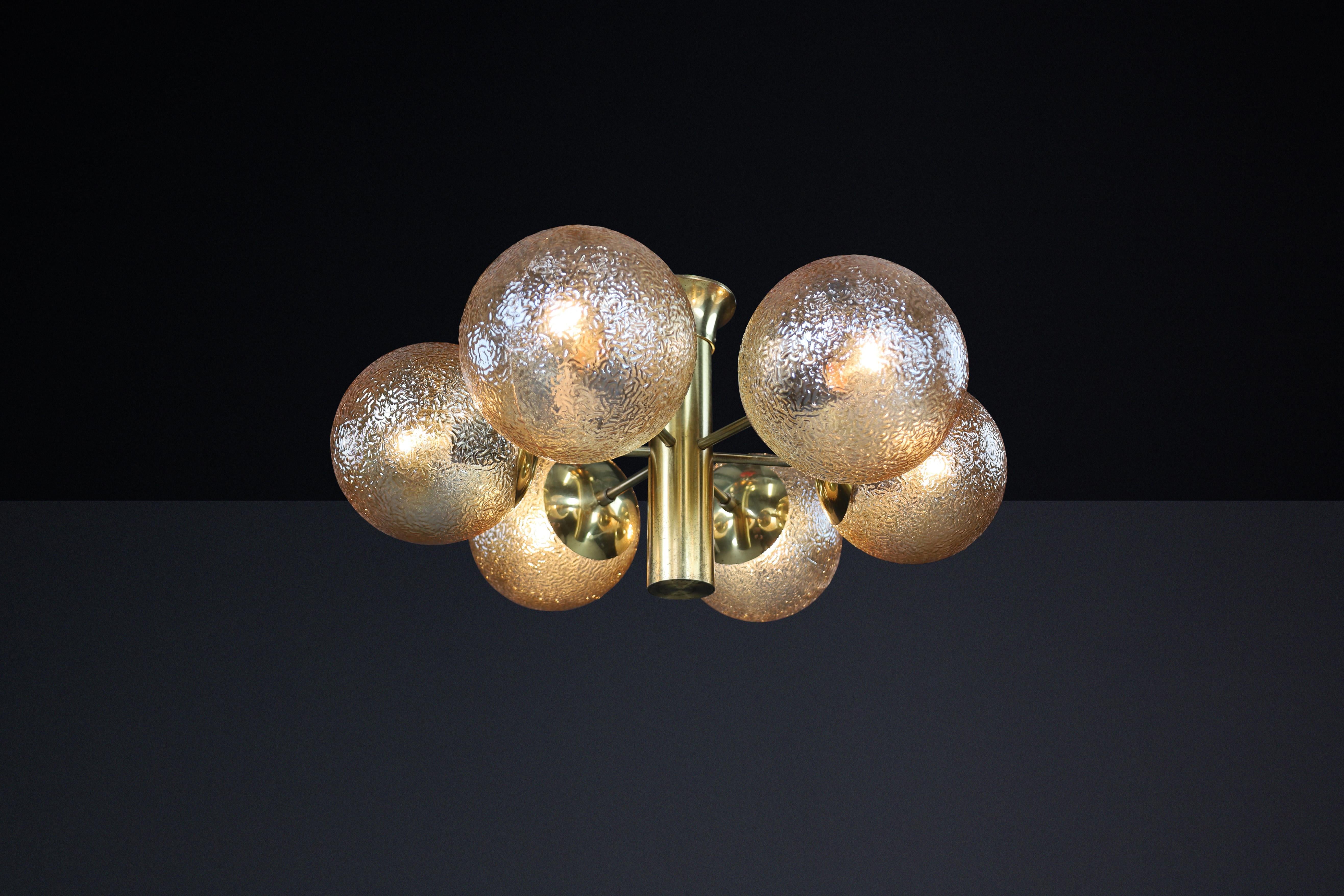 Patinated Brass Sputnik Chandelier with Six Gold-Colored Globes, Germany 1960s For Sale 3