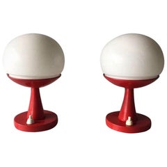 Kaiser Stil Milk Glass and Red Metal Pair of Table Lamps, Pop Art, Germany 1970s