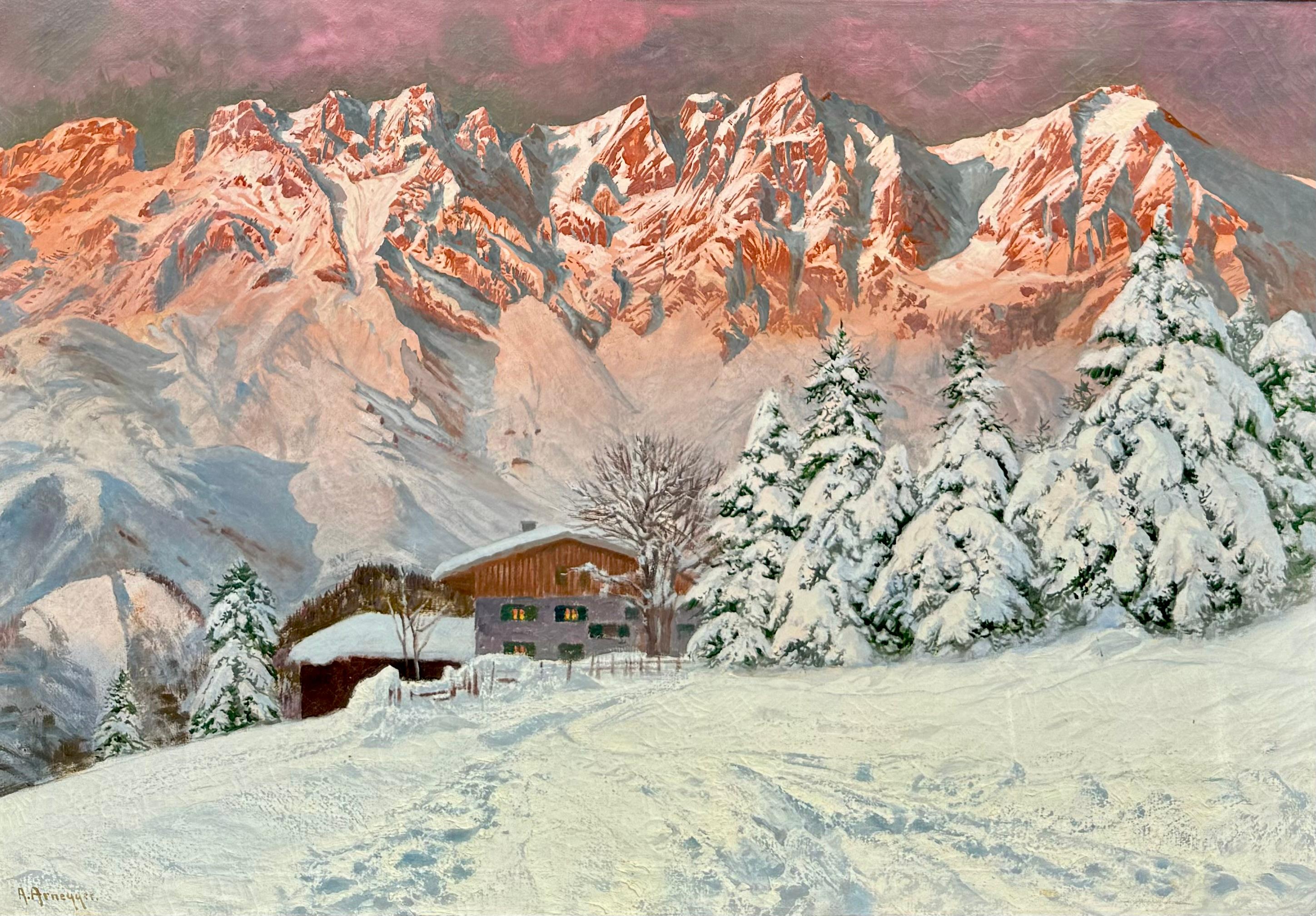 Luminöse Gebirgsszene in der Alpenregion des österreichischen Kaisergebirges.  Das Gemälde ist in Öl auf Leinwand gemalt und links unten signiert. Es stammt aus der Zeit der Jahrhundertwende 1900 bis etwa 1920.  Es hat craquelure, die für eine